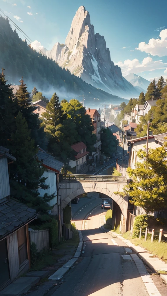 There is a mountain. There are some houses built below it. There is a bridge on top of the hill. Cars are moving on it. It is evening. Moody color, Sun light, cartoon anime look, Brush texture Color 