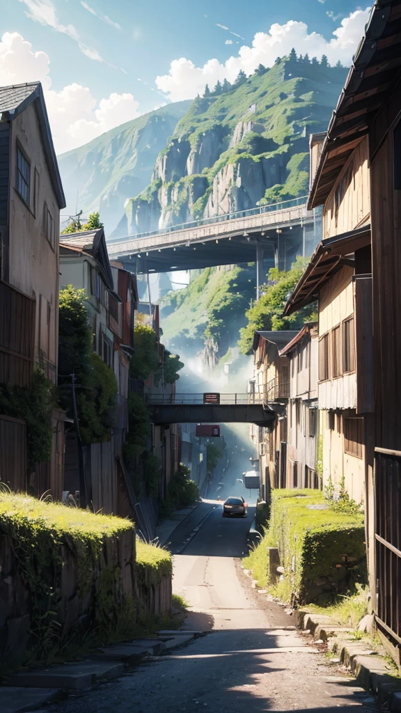 There is a mountain. There are some houses built below it. There is a bridge on top of the hill. Cars are moving on it. It is evening. Moody color, Sun light, cartoon anime look, Brush texture Color 