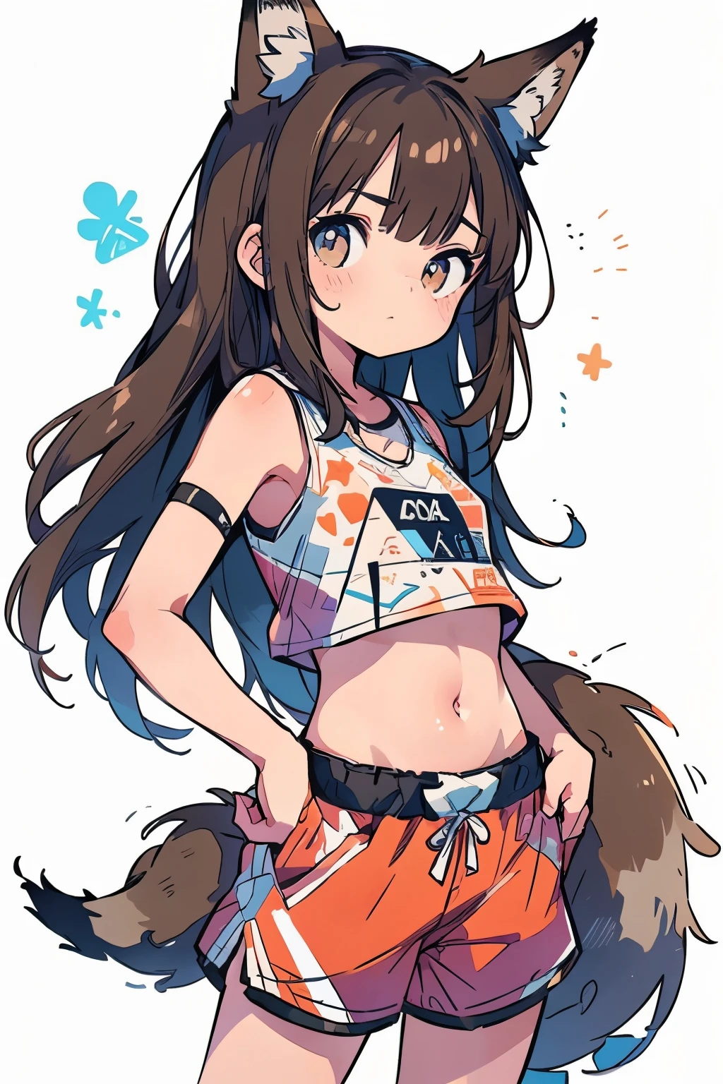 (boxing:1.1)、Teenage Girls、Young、、belly button、stomach、cool、Shorts、boxingグローブ、(boxingウェア:1.3)、Serious expression、(Closed Mouth:1.1)、Brown Hair、Fox ears、Fox Tail