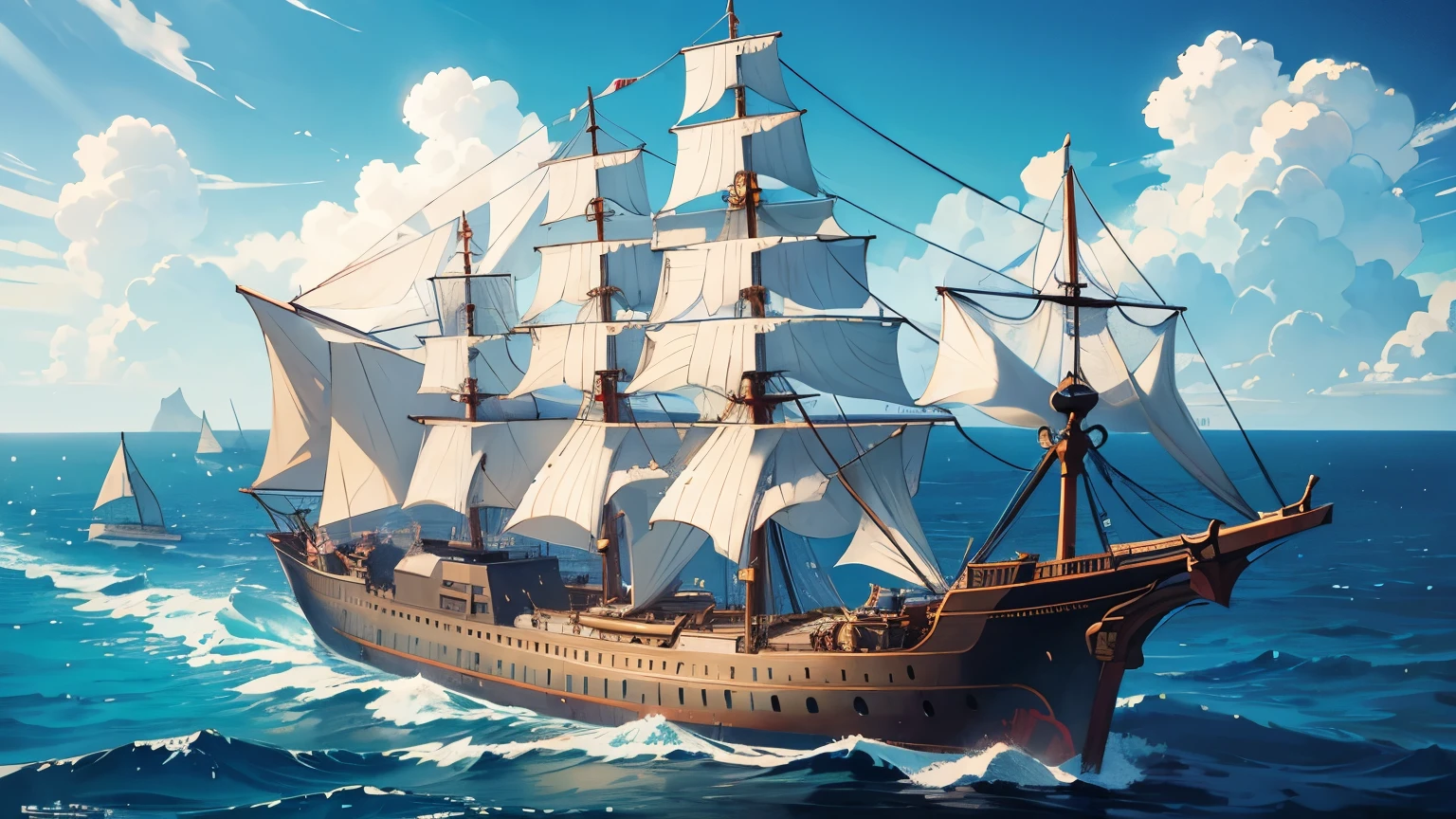 A water empire in a medieval European fantasy world、beautiful sea、8 ships、Panorama