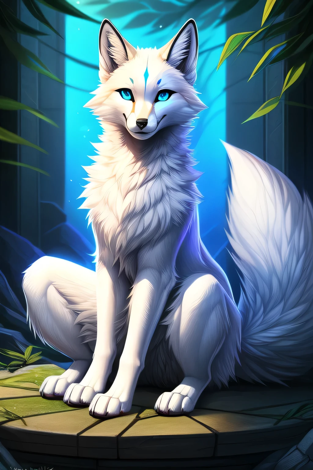 falvie
asian_mythology east_asian_mythology mythology
canid canine fox mammal will-o'-the-wisp
2017 digital_media_(artwork)
ambiguous_gender blue_eyes detailed_background feral fox_spirit fur kitsunebi multi_tail paws shrine sitting smile solo tail white_body white_fur