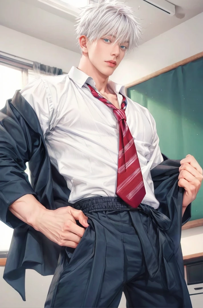 1 male, high resolution 8k, adult, handsome, perfect face detail, detailed eyes and face, clean shaved, sixpack realistic, white eyebrow hair, white eyelashes, dynamic lighting, unreal engine, hd picture, satoru gojo, Jujutsu kaisen, white hair, short hair ,hair between eyes ,blue eyes, white skin, shirt, Long tie, long pants