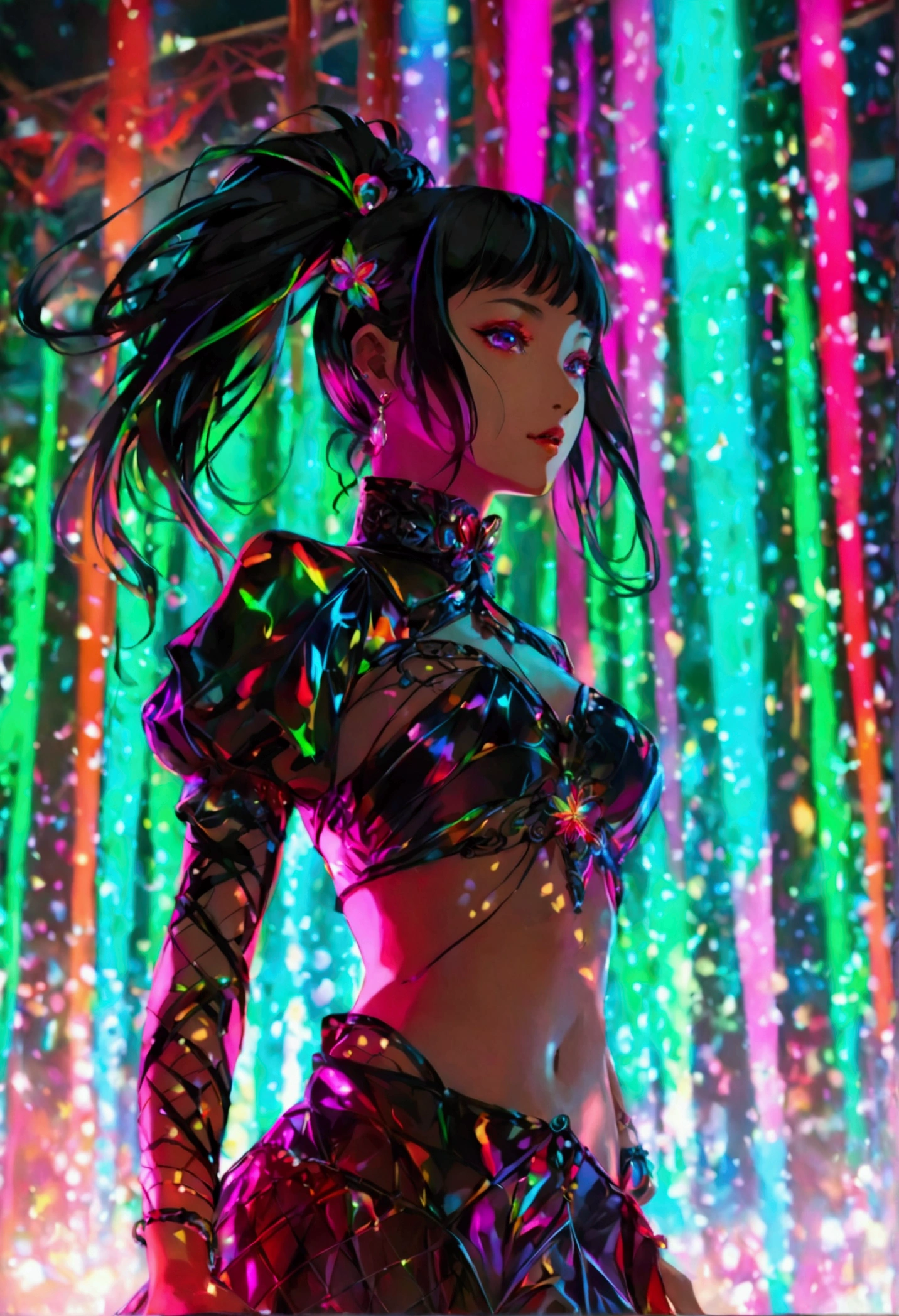 A charismatic anime style East-Asian female pop idol performs on stage in a vividly lit dark setting, looking magnetic and mysterious. She stands proudly with her sleek black hair and attire, subtly adorned with rainbow accents. Bathed in a wash of cool neon lights, the scene generates an aura of intrigue and adrenaline. Her vibrant energy radiates through her playful pose. Motion blur encapsulates her dynamic movements while the theatrical shadows from the stage lights intensify the atmosphere. An alluring mix of darkness and neon, lush greens and swirling rainbow highlights bring to life her stage presence, creating an image of enigmatic beauty.