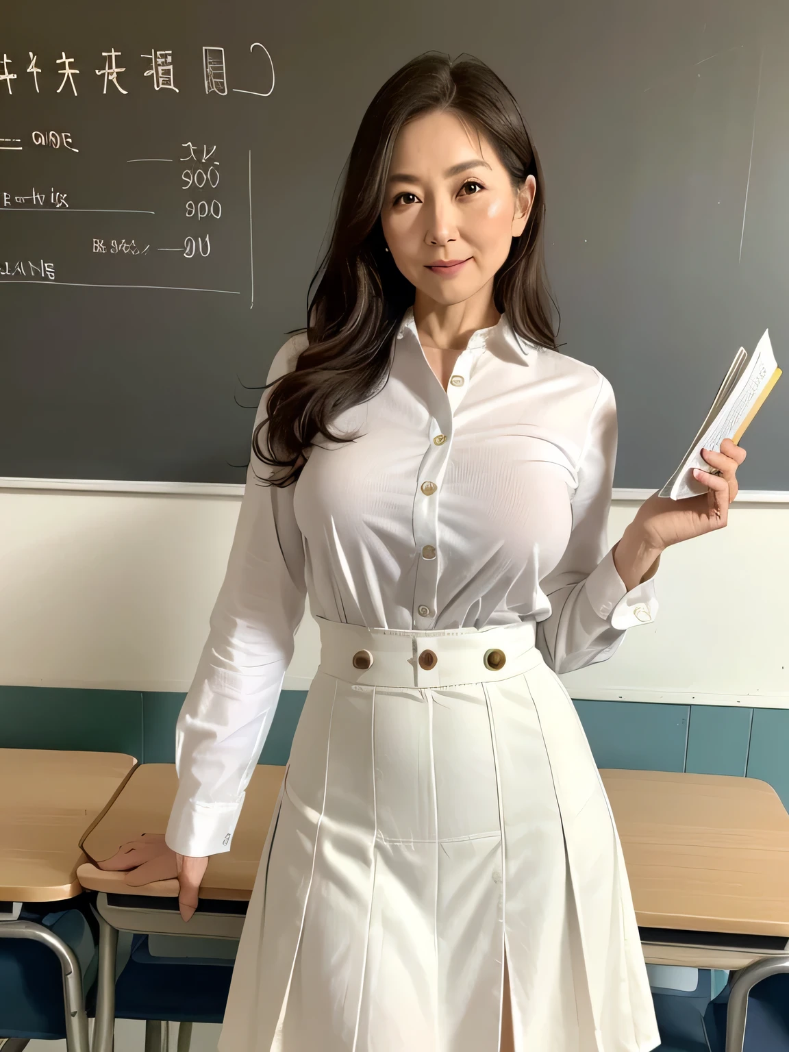 High resolution, High-level image quality, High definition, masterpiece, 8k, Anatomically correct, Professional Lighting, sharp, White Photo, 
((Japanese Mature, 90 years old, Beautiful female teacher)), One person, ((Facial wrinkles)), Shapely large breasts, Straight, light brown, long hair that reaches the shoulders, Chubby body type, 
((School classroom, Standing upright, holding the attendance book and looking at the viewer)), 
(((A white summer buttoned shirt tucked into a skirt, Tight summer high waisted white long flared skirt))), 
A composition that shows what&#39;s under a skirt from the feet up
