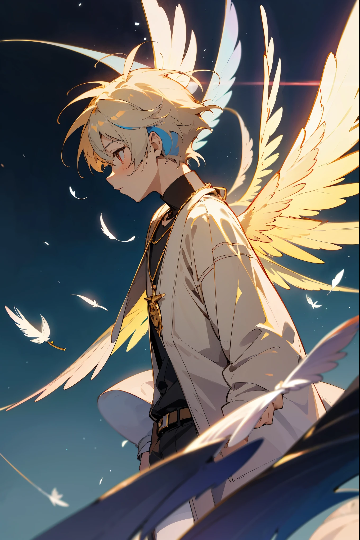anime - style image of a young boy with wings and a necklace, winged boy, trending on artstation pixiv, digital art on pixiv, detailed digital anime art, profile picture 1024px, detailed anime character art, glowing feathers, with large wings, colorful concept art, neon wings, 8k high quality detailed art, high quality anime artstyle