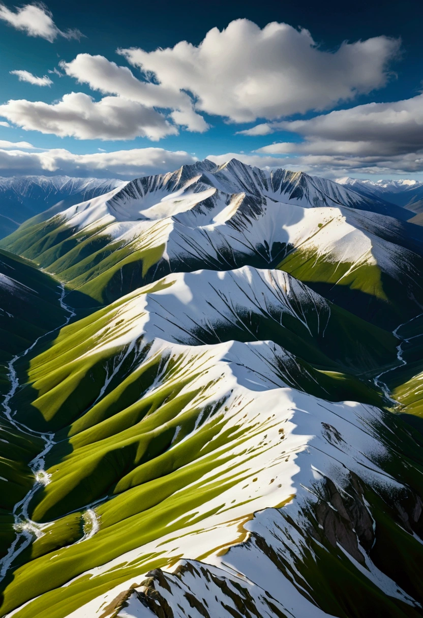 a beautiful aerial view of snow-capped white mountains, green powder tered around the mountains, dramatic lighting, cinematic composition, highly detailed, photorealistic, 8k, HDR, striking colors, serene atmosphere, breathtaking landscape, dramatic clouds, natural environment