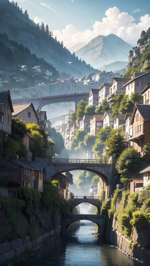 There is a mountain. There are some houses built below it. There is a bridge on top of the hill. Cars are moving on it. It is evening. Moody color, Sun light, cartoon anime look