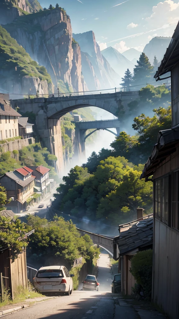 There is a mountain. There are some houses built below it. There is a bridge on top of the hill. Cars are moving on it. It is evening. Moody color, Sun light, cartoon anime look