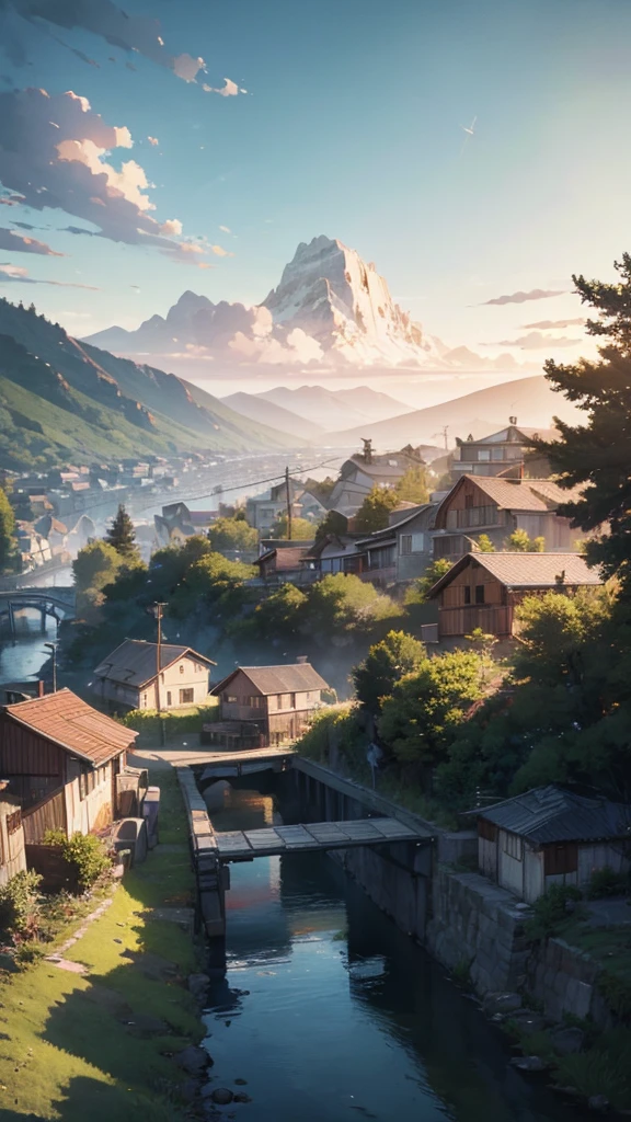 There is a mountain. There are some houses built below it. There is a bridge on top of the hill. Cars are moving on it. It is evening. Moody color, Sun light, cartoon anime look