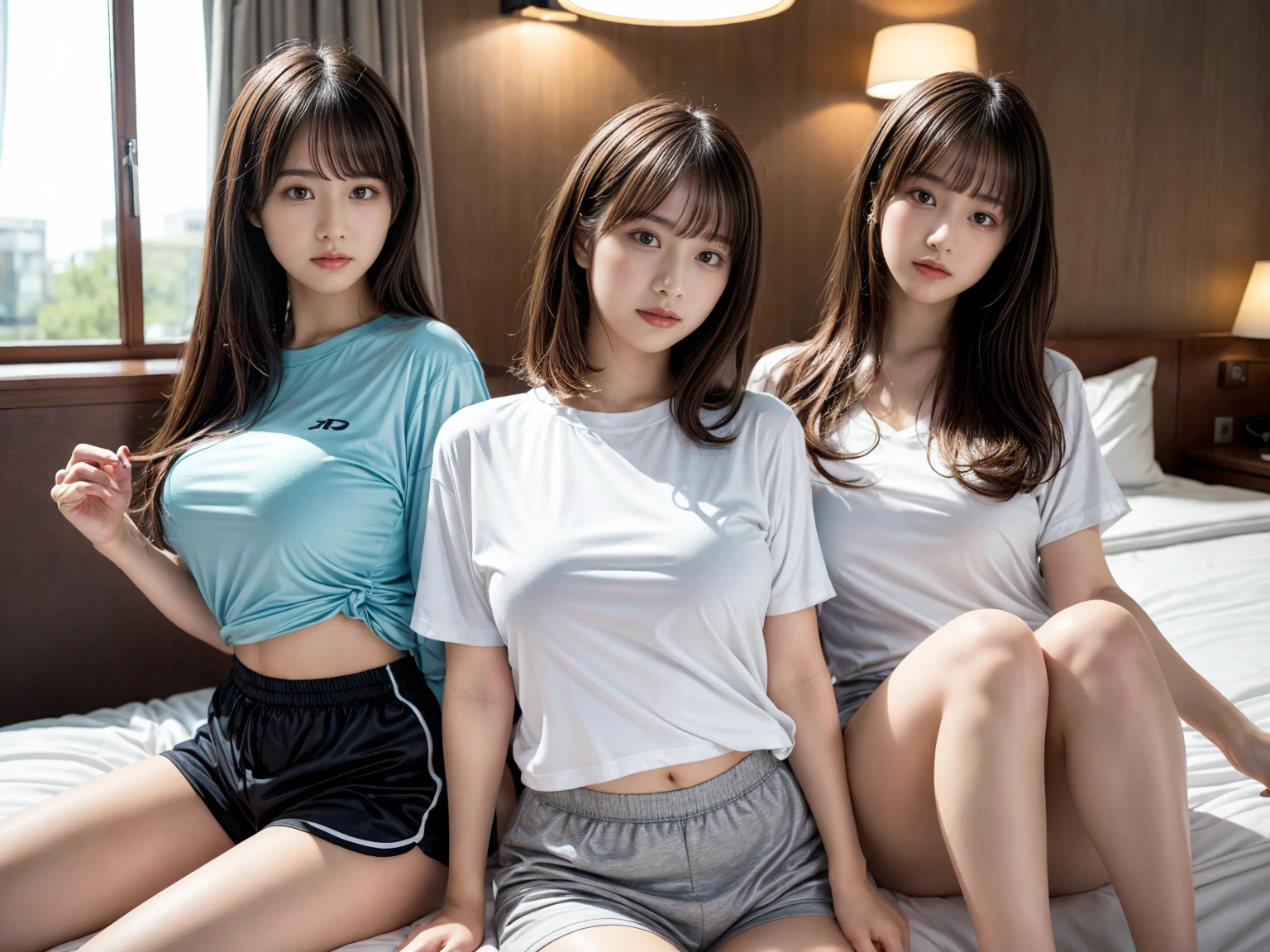 masterpiece, best quality, illustration, Super detailed, fine details, High resolution, 8K,wall paper, perfect dynamic composition,(Details High quality, realistic depiction of eyes:1.3), (2 girls), oversized sport shirt, shorts women, sitting, open legs, short bob hair, in a hotel room in the background, deep on field, large breasts, black hair color, Big Natural Color Lip, (perfect body shape), crying a little、Harajuku style、20 year old girl、cute type、beautiful legs, Gravure Idol