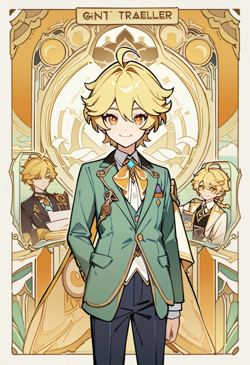 art deco, card, frames, vintage, art deco poster, high quality, male, aether, aether from genshin impact, traveller from genshin impact, suit, handsome face, cute face, blonde hair, smiling, masterpiece, detailed, line art, straight lines, clear art, stylish, super detailed, super fine, highres, 