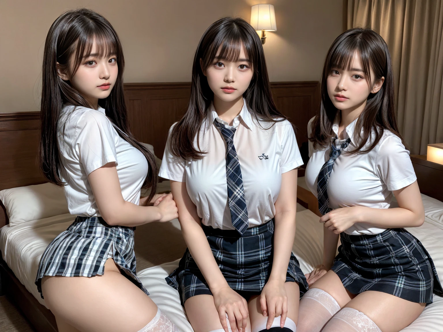 masterpiece, best quality, illustration, Super detailed, fine details, High resolution, 8K,wall paper, perfect dynamic composition,(Details High quality, realistic depiction of eyes:1.3), (3 girls), (white school shirt :1.2), (plaid skirt :1.3), tie black, black thigh-high stockings, sitting, open legs, short bob hair, in a hotel room in the background, deep on field, large breasts, black hair color, Big Natural Color Lip, (perfect body shape), crying a little、Harajuku style、20 year old girl、cute type、beautiful legs, Gravure Idol