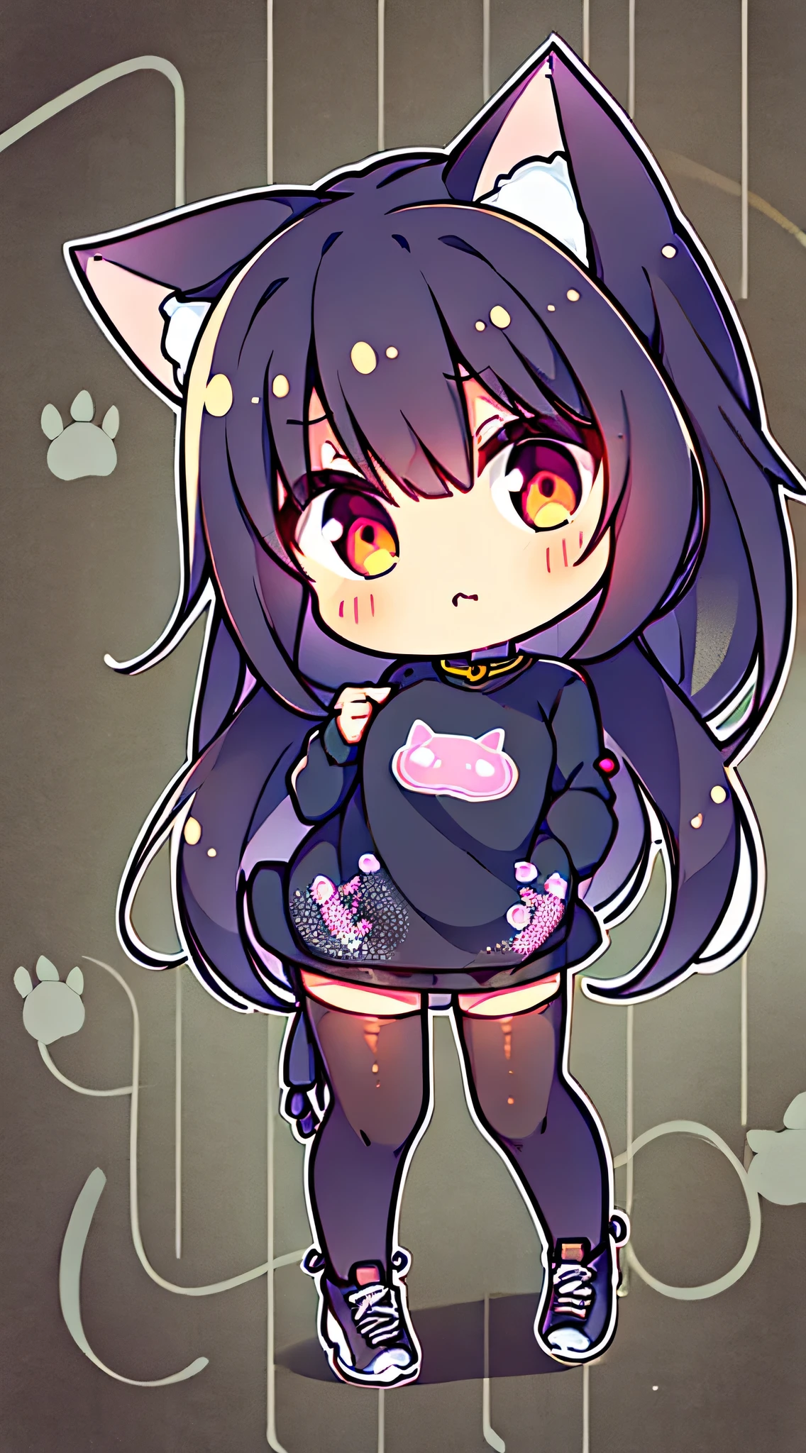 (Highest quality,4K,High resolution), Greige cat feminization，Cat ears，Cat ear headphones，Red long hair，Big eyes，Sharp Eye，Cold Eyes，Glare，Cool woman，Feline tail，Comical illustration，Vibrant color scheme，colorful，Transformational Design，Comical facial expression，cute