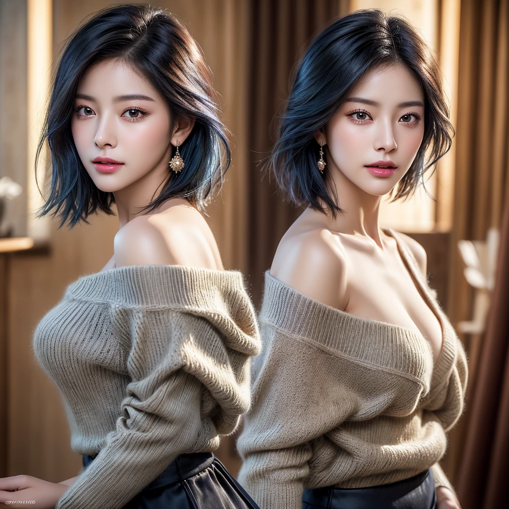(8K, highest quality, masterpiece:1,2), (realistic, Photoreal:1.37), Super detailed, one girl,), (very detailed), (detailed and beautiful eyes), ((((highly detailed artwork))))、Earrings、((Two-toned hair))、ponytail、(((Inside a stylish secondhand clothing store)))、(masterpiece、Highest quality、In 8K、32K、masterpiece、Super huge 、Ultra-high resolution、Impressionism、Realistic:1.2)、((Cowboy Shot)),  Sharp focus、Beautiful face with detailed background of face and eyelids、Glowing Skin、Sharp pupils、Realistic eyes and beautiful face、Blurred Background、Beautiful 28 year old girl、Glowing Skin、(((bright and beautiful hair)))、iris、curve、Powerful composition,  ((seductive looks))、((horny expression))、、(light blue hair color))、[black hair]、Best Quality, Ultra High Definition, (Photorealistic:1.4),Sunset Light, Ponytail, Korean Women, (big breasts), Detailed Photo, Smiling, Sexy, Black Shirt, Facing Camera,  (Masterpiece: 1.3), (8K, Photorealistic, Best Quality: 1.4), (1girl), Beautiful Face, (Realistic Face), (Black Hair, Short Hair: 1.3), Beautiful Hairstyle, Realistic eyes, beautiful detail eyes, (realistic skin), beautiful skin, (sweater), absurd, attractive, ultra high resolution, ultra realistic, high definition, golden ratio, black skirt, ((shoulder length hair)), (all four posture)