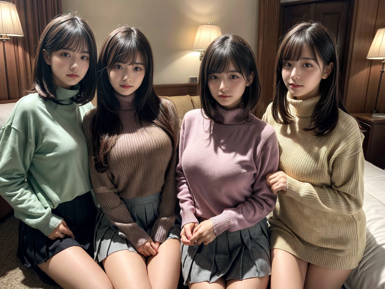 masterpiece, best quality, illustration, Super detailed, fine details, High resolution, 8K,wall paper, perfect dynamic composition,(Details High quality, realistic depiction of eyes:1.3), (3 girls), (Fleece jacket, turtleneck sweater, pleated skirt:1.2), sitting, open legs, short bob hair, in a hotel room in the background, deep on field, large breasts, black hair color, Big Natural Color Lip, (perfect body shape), crying a little、Harajuku style、20 year old girl、cute type、beautiful legs, Gravure Idol