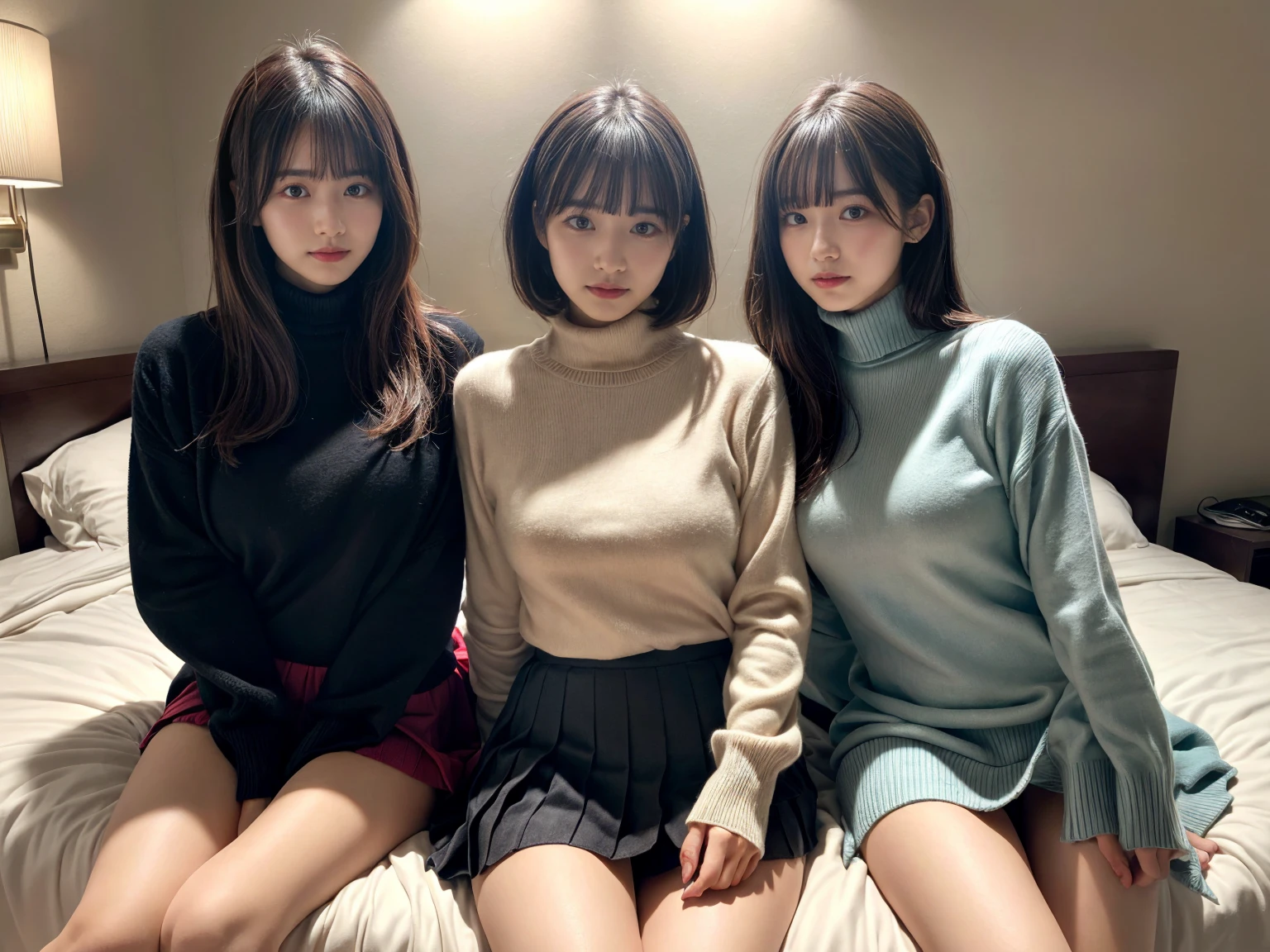 masterpiece, best quality, illustration, Super detailed, fine details, High resolution, 8K,wall paper, perfect dynamic composition,(Details High quality, realistic depiction of eyes:1.3), (3 girls), (Fleece jacket, turtleneck sweater, pleated skirt:1.2), sitting, open legs, short bob hair, in a hotel room in the background, deep on field, large breasts, black hair color, Big Natural Color Lip, (perfect body shape), crying a little、Harajuku style、20 year old girl、cute type、beautiful legs, Gravure Idol