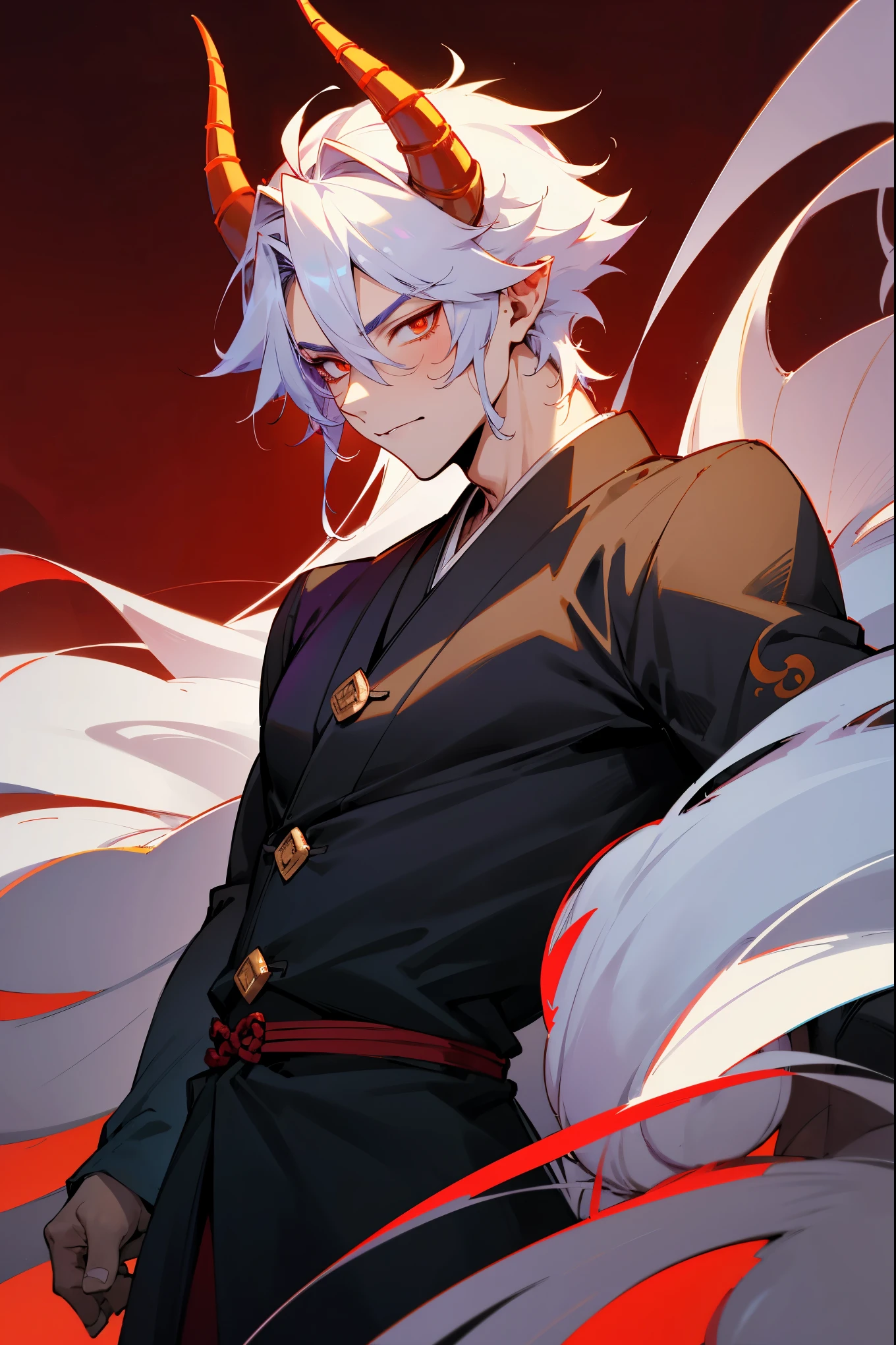 a drawing of a male demon with horns and a large head, fit male demon with white horns, handsome japanese demon boy, handsome guy in demon slayer art, human male demon, demon male, beautiful male god of death, male centaur centaur chimera, man male demon, portrait demon half human, male djinn man demon hybrid, by Yang J, demon lord