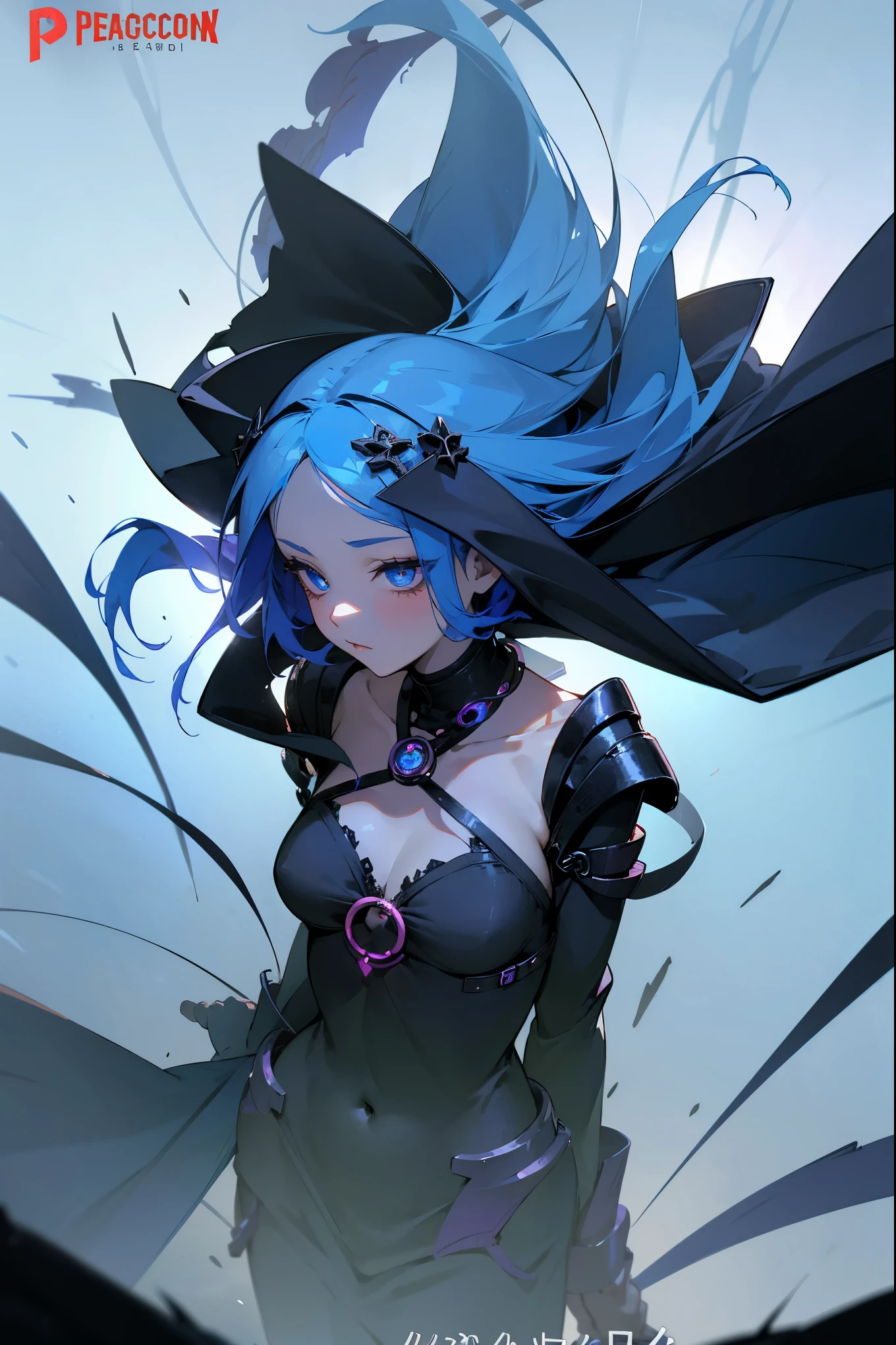anime, girl, blue hair, beautiful female god of death, beautiful necromancer girl, beautiful girl necromancer, dark cloaked necromancer, beautiful necromancer, arcane from netflix, foggy battlefield 