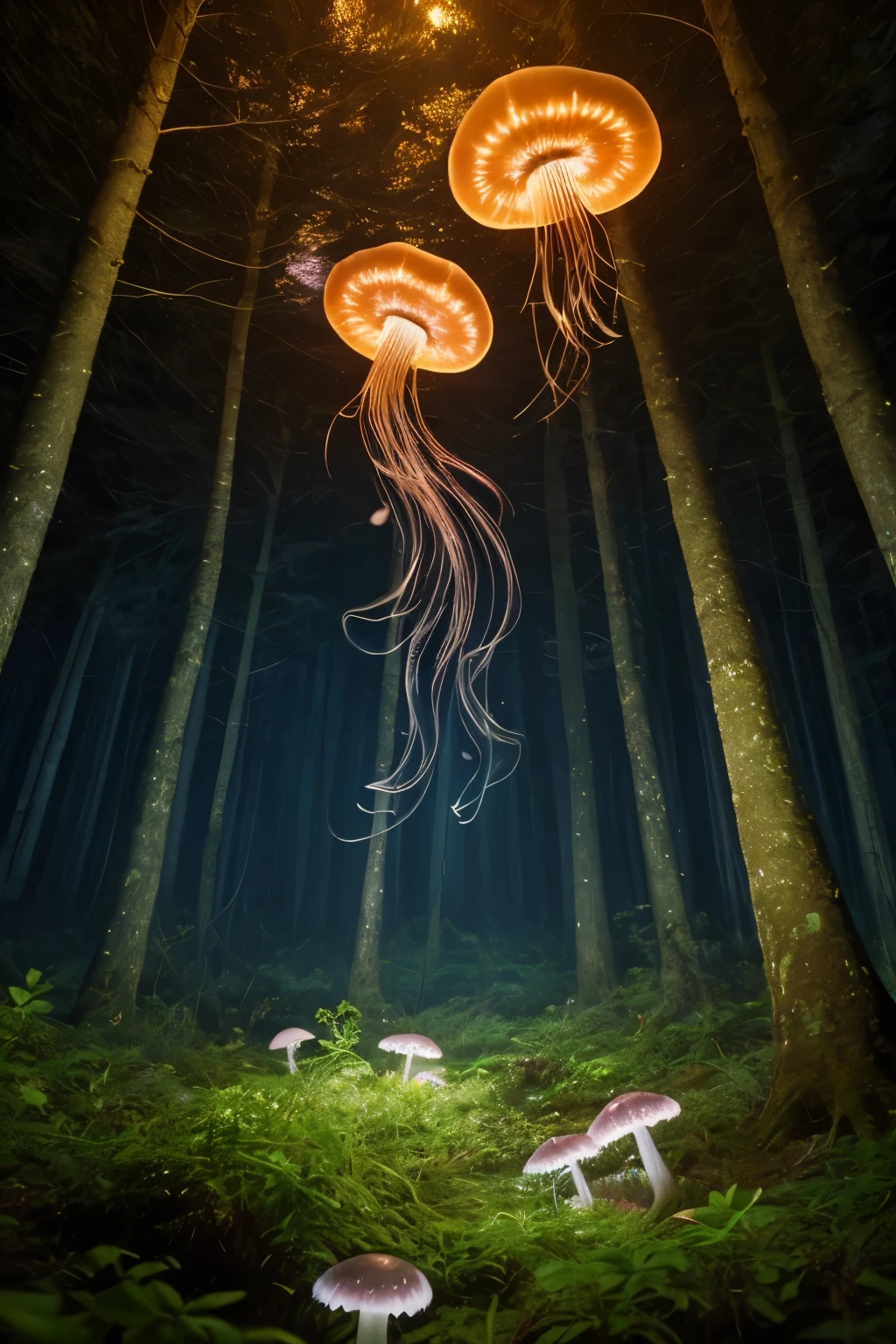 Lots of small jellyfish forest with mushrooms glowing in the dark, Forest fantasy in natural scenery, Lots of small jellyfish