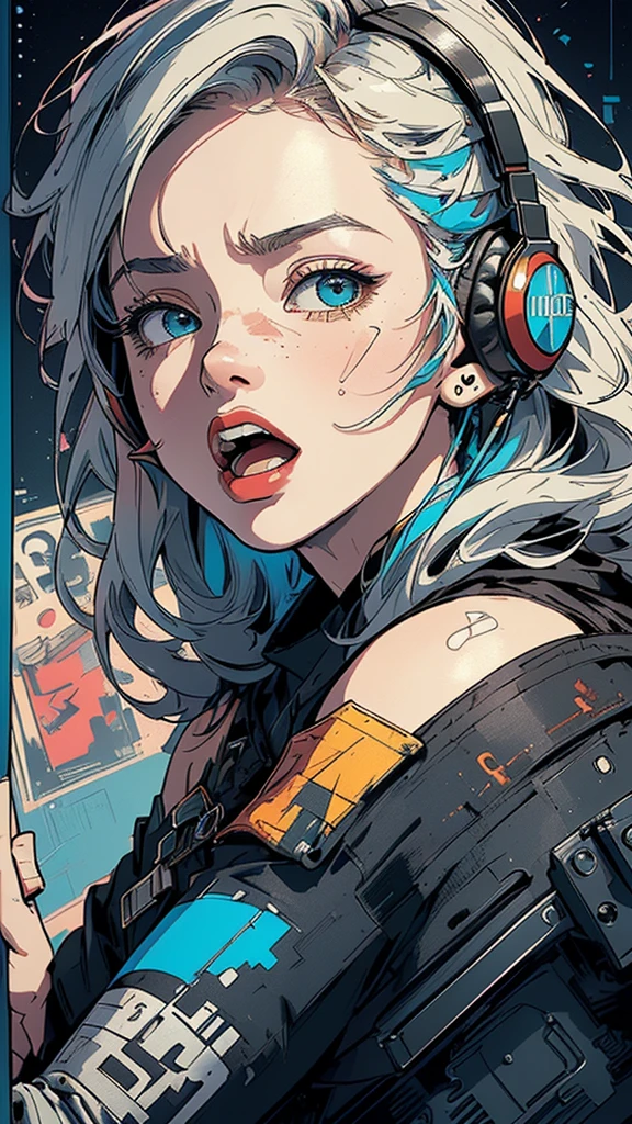 (((masterpiece, highest quality))),(((solo:1.2))),(((1girl:1.2))),32k wallpaper, very detailed, poster, vintage science fiction,(((((geometric cinematic movie poster))))), ((bauhaus)),(shape),(((abstract))),(mid century modern),(((((portfolio))))),(((((Close-up))))),(((((bust up))))),((((more various angle)))),((((highlight)))),((((heterochromia)))),(((complete. detailed face))),((((Extremely talented)))),(((((most complecated futristic machine))))),(Colorful color scheme),(((detailed unlimited complete equipment : headphone like a rail gun))),(((((Absolutely simple background))))),(((Texture for people : grunge))),(((Cheek resting on hand))),((Rest on your chin))),(((((open mouth amazing wide))))),(((((SCREAM)))))