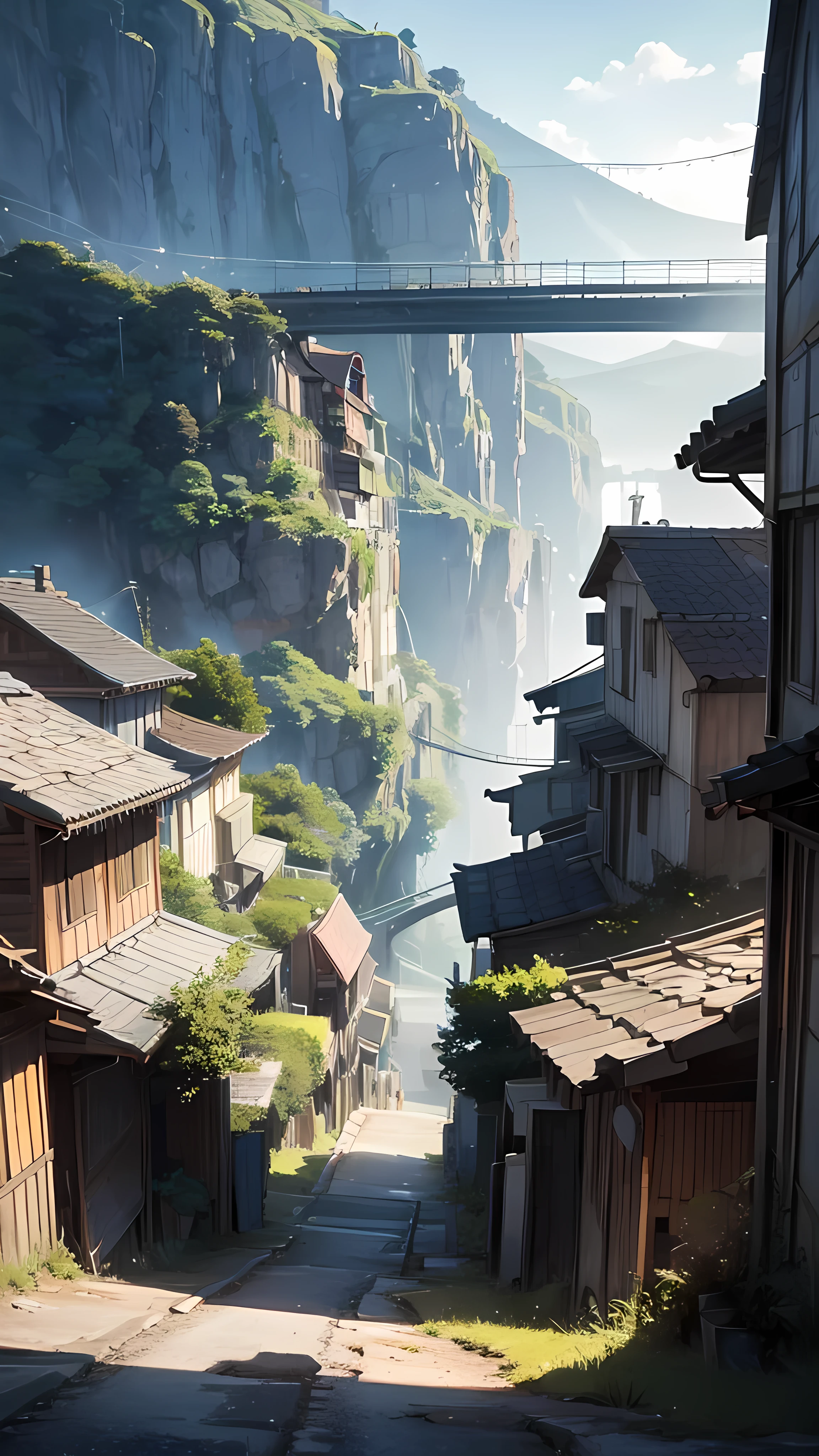 There is a mountain. There are some houses built below it. There is a bridge on top of the hill. Cars are moving on it. It is evening. Moody color, Sun light, cartoon anime look