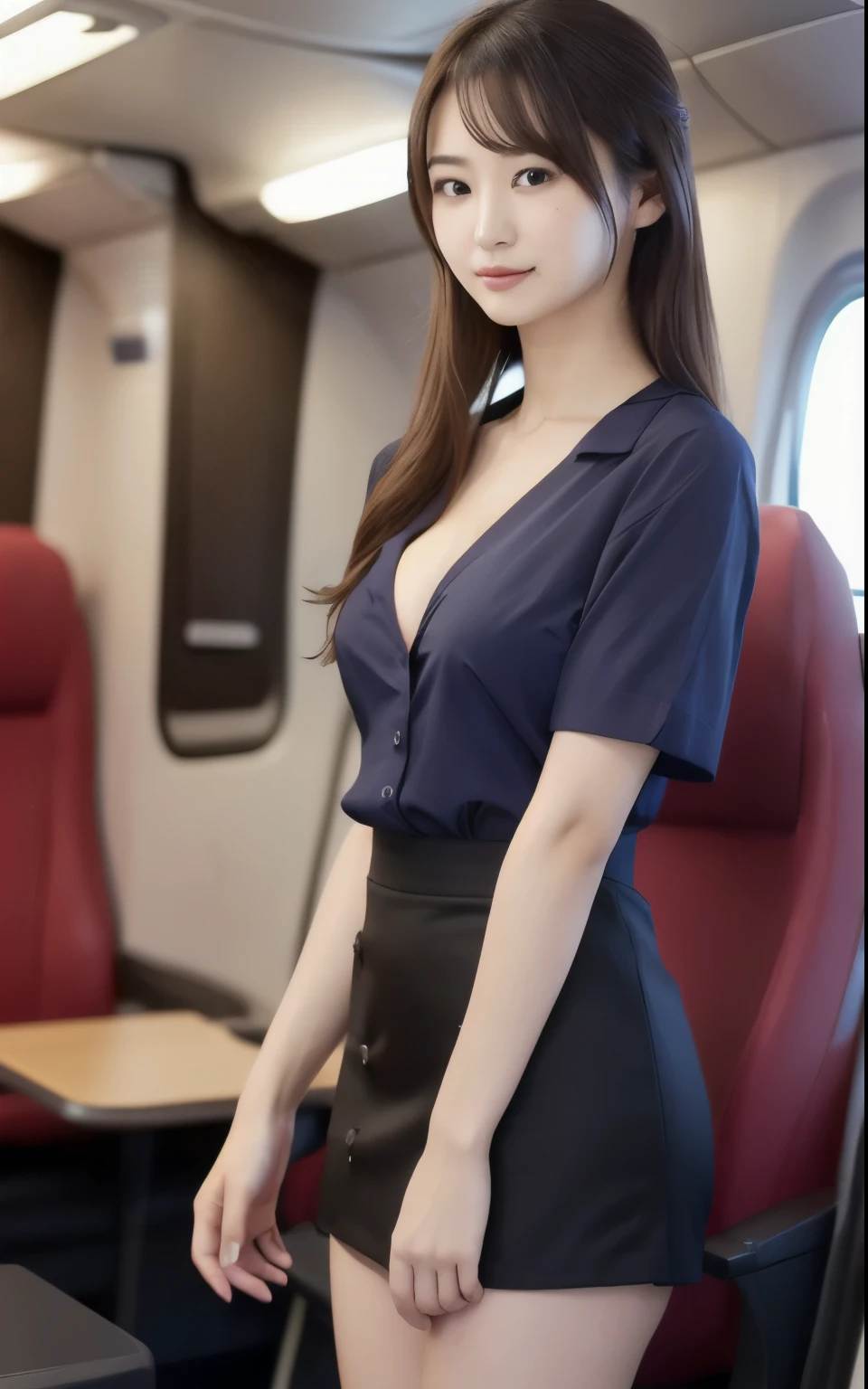 (4K,8k,Masterpiece,Realistic),Super Resolution:1.2、(Japanese:1.3)、 RAW Photos、(Realistic:1.2)、Symmetrical face、Japaneseアイドルの女の子、(Beautiful face in every detail)、24-years-old、Beautiful eyes、cute、Perfect hands、Natural Makeup、(Large Breasts、Cleavage)、((Semi-nude、Exposing breasts、topless、Beautiful nipples:1.2))、Cabin attendant、Serving customers in first class on board、Wear a short-sleeved shirt、Tight mini skirt、Wear a uniform、Friendly atmosphere、Exposure that shows the collarbone、Mole on the collarbone、Leaning forward、Protruding buttocks、Voluptuous thighs、Standing、Wearing high heels、Bold behavior
