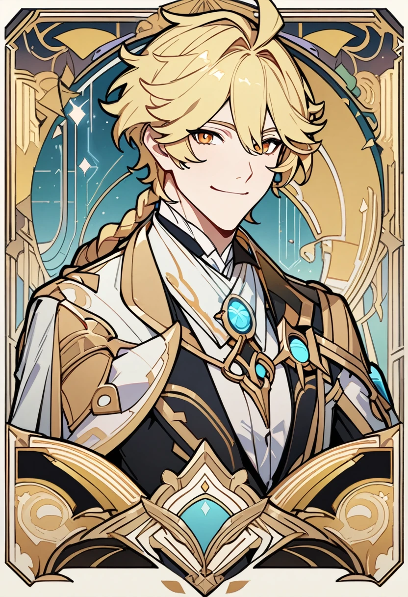 art deco, card, frames, vintage, art deco poster, high quality, male, aether, aether from genshin impact, traveller from genshin impact, suit, handsome face, cute face, blonde hair, smiling, masterpiece, detailed, line art, straight lines, clear art, stylish, super detailed, super fine, highres,
