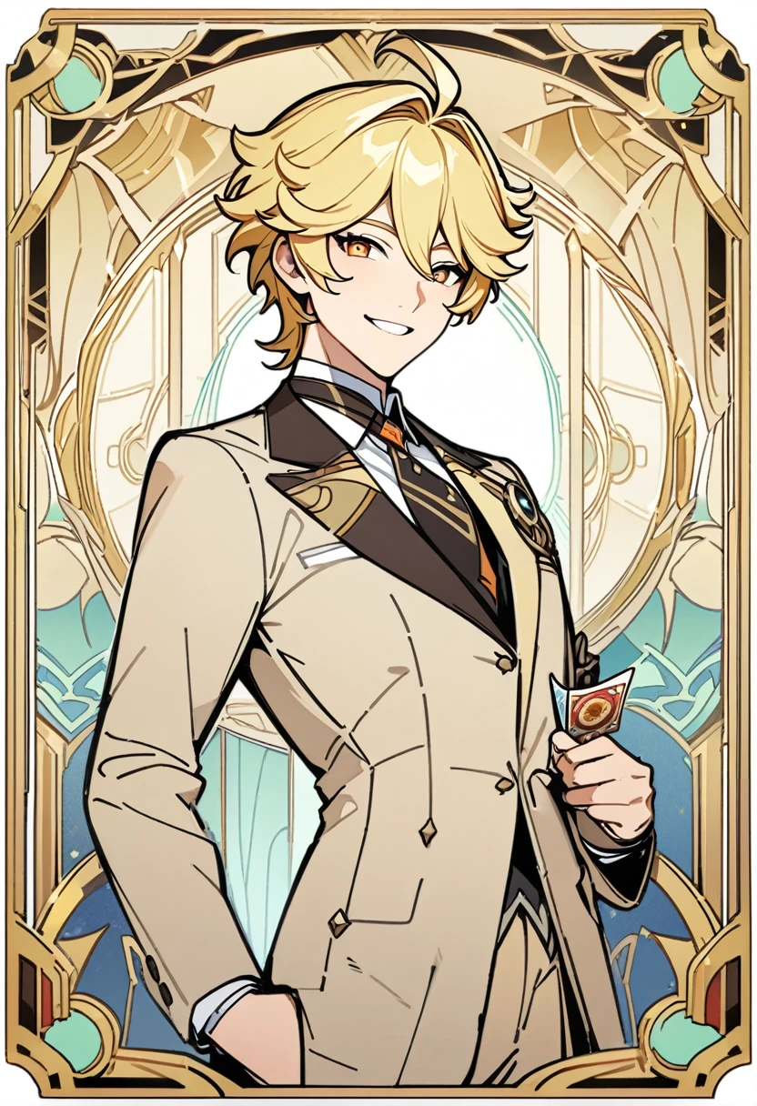art deco, card, frames, vintage, art deco poster, high quality, male, aether, aether from genshin impact, traveller from genshin impact, suit, handsome face, cute face, blonde hair, smiling, masterpiece, detailed, line art, straight lines, clear art, stylish, super detailed, super fine, highres,