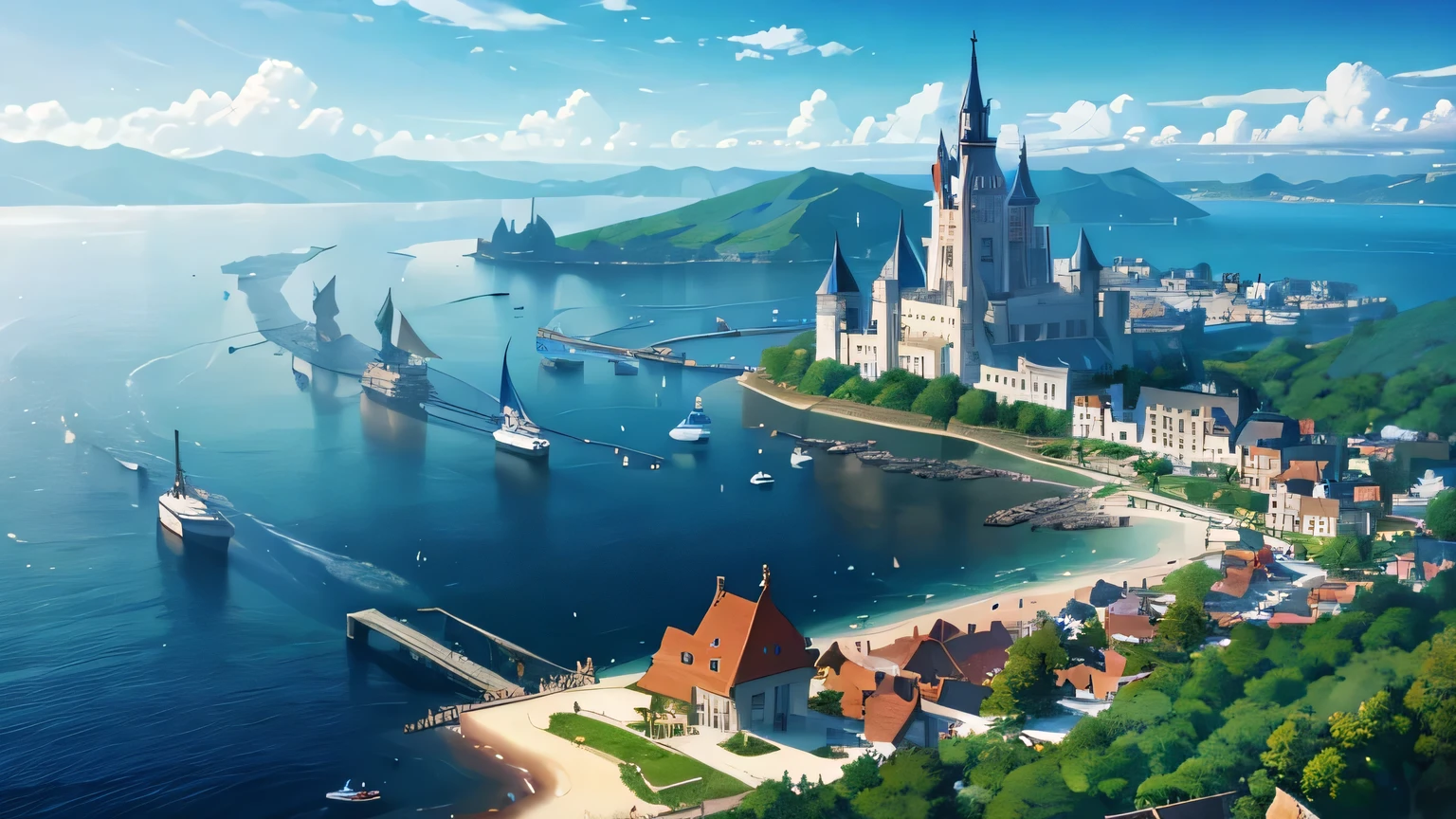 A water empire in a medieval European fantasy world、beautiful sea、8 ships、city、national