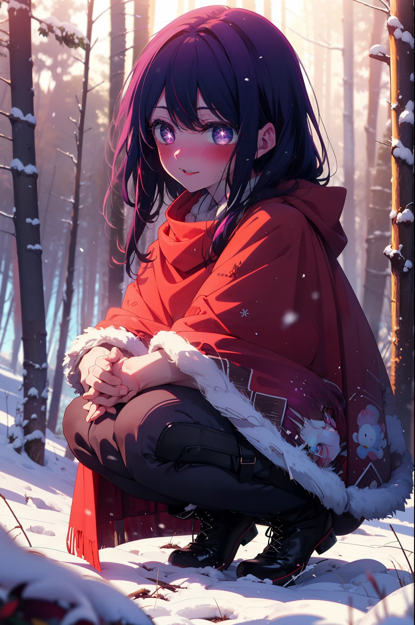aihoshino, Ai Hoshino, Long Hair, bangs, (Purple eyes:1.1), Purple Hair, (Symbol-shaped pupil:1.5), smile,,smile,blush,white breath,
Open your mouth,snow,Ground bonfire, Outdoor, boots, snowing, From the side, wood, suitcase, Cape, Blurred, , forest, White handbag, nature,  Squat, Mouth closed, Cape, winter, Written boundary depth, Black shoes, red Cape break looking at viewer, Upper Body, whole body, break Outdoor, forest, nature, break (masterpiece:1.2), Highest quality, High resolution, unity 8k wallpaper, (shape:0.8), (Beautiful and beautiful eyes:1.6), Highly detailed face, Perfect lighting, Extremely detailed CG, (Perfect hands, Perfect Anatomy),
