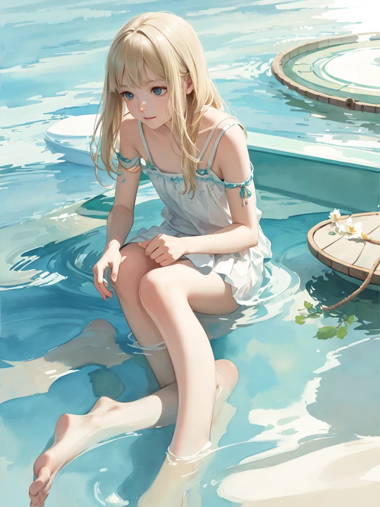 Tranquil voyager girl, in watercolor style, Photorealism, discreet white and mint shades, barefoot, blonde hair, gentle thoughtful image