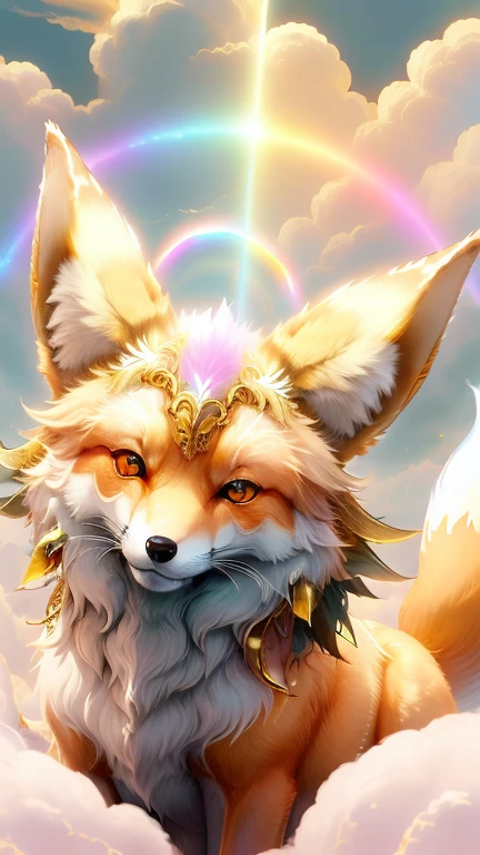 god々Cute fox1animal、Rainbow Fox、Aura of the Rainbow,Looking into the camera、Look at this、Background gold、Floating in the clouds