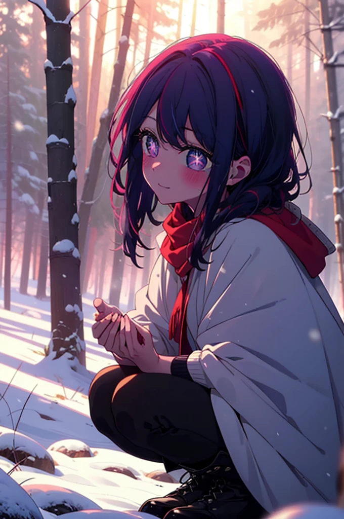 aihoshino, Ai Hoshino, Long Hair, bangs, (Purple eyes:1.1), Purple Hair, (Symbol-shaped pupil:1.5), smile,,smile,blush,white breath,
Open your mouth,snow,Ground bonfire, Outdoor, boots, snowing, From the side, wood, suitcase, Cape, Blurred, , forest, White handbag, nature, Squat, Mouth closed, Cape, winter, Written boundary depth, Black shoes, red Cape break looking at viewer, Upper Body, whole body, break Outdoor, forest, nature, break (masterpiece:1.2), Highest quality, High resolution, unity 8k wallpaper, (shape:0.8), (Beautiful and beautiful eyes:1.6), Highly detailed face, Perfect lighting, Extremely detailed CG, (Perfect hands, Perfect Anatomy),
