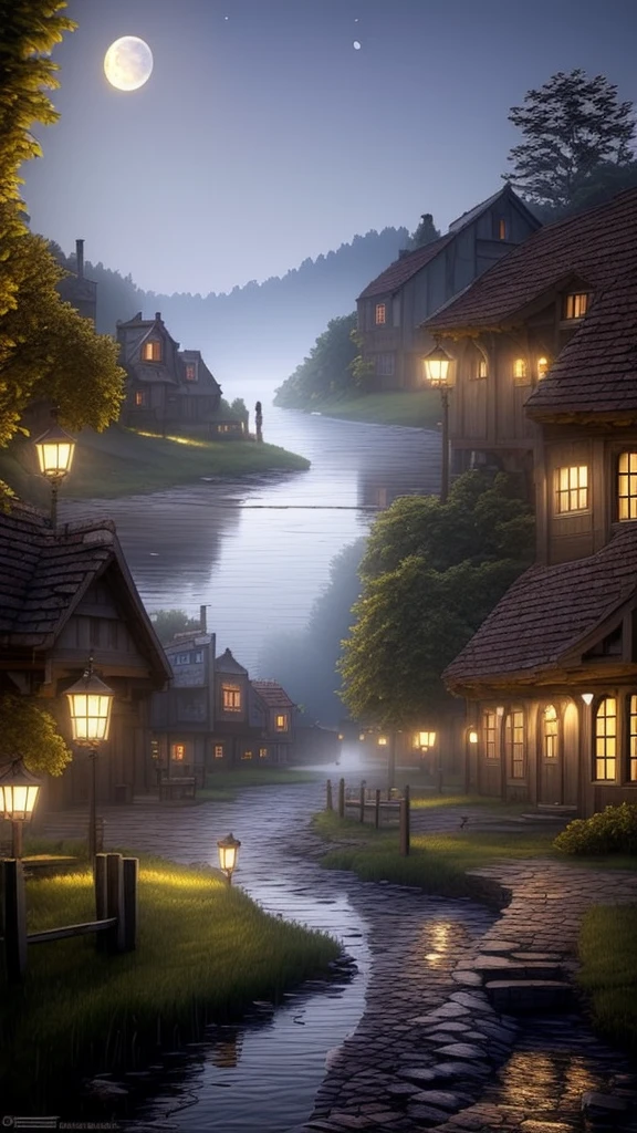 (masterpiece:1.2), (best quality,:1.2), 8k, HDR, ultra detailed, ((photorealistic)), professional light, cinematic lighting, fashion photography, ambient lighting,background, a medieval town at a lake, moonlight, fog, FanSe, epiCPhoto