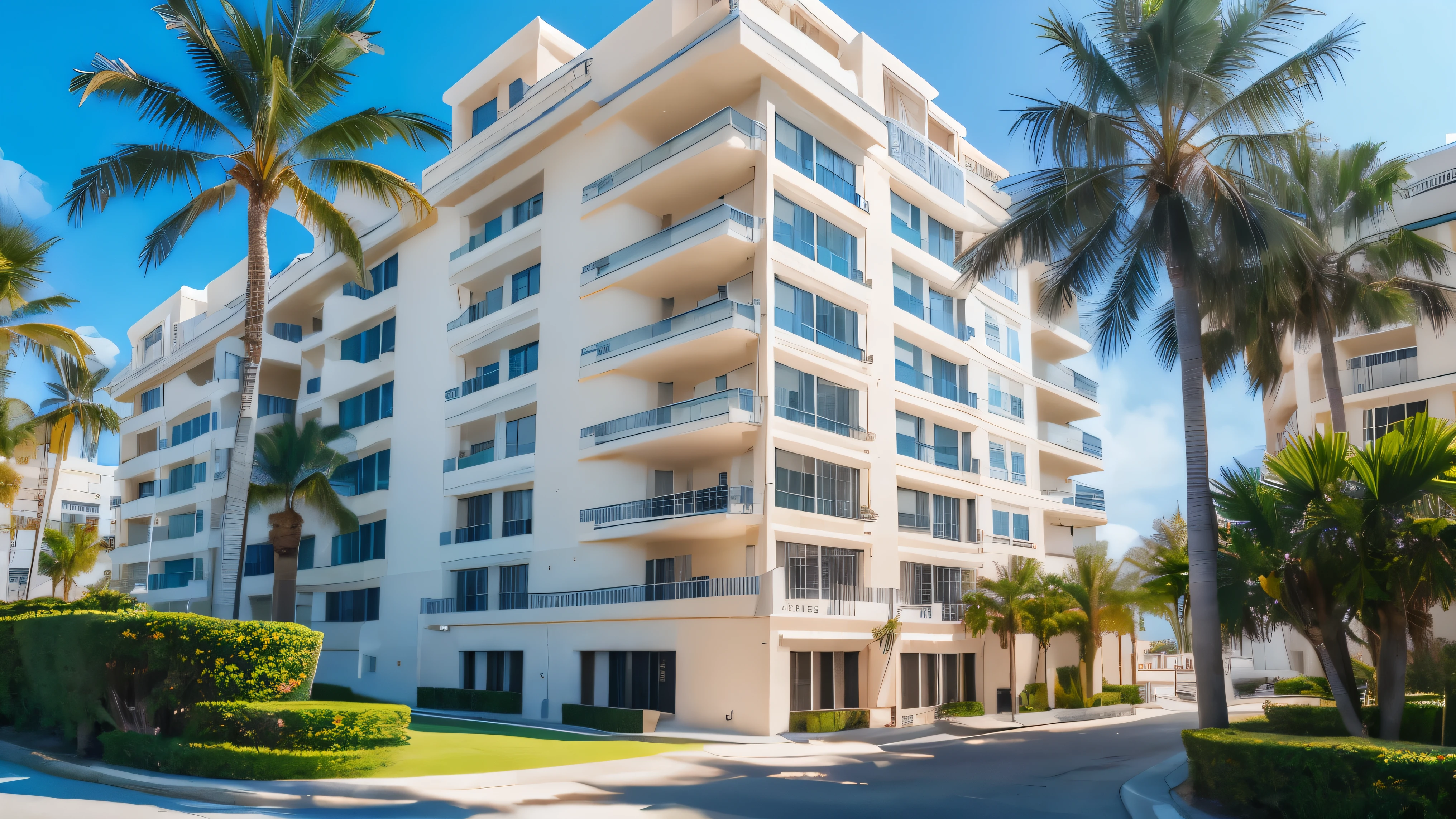 4K, 8k, Luxury Resort Condominiums, White appearance, 10 floors, Palm trees surround the building, sunny, You can see the ocean
