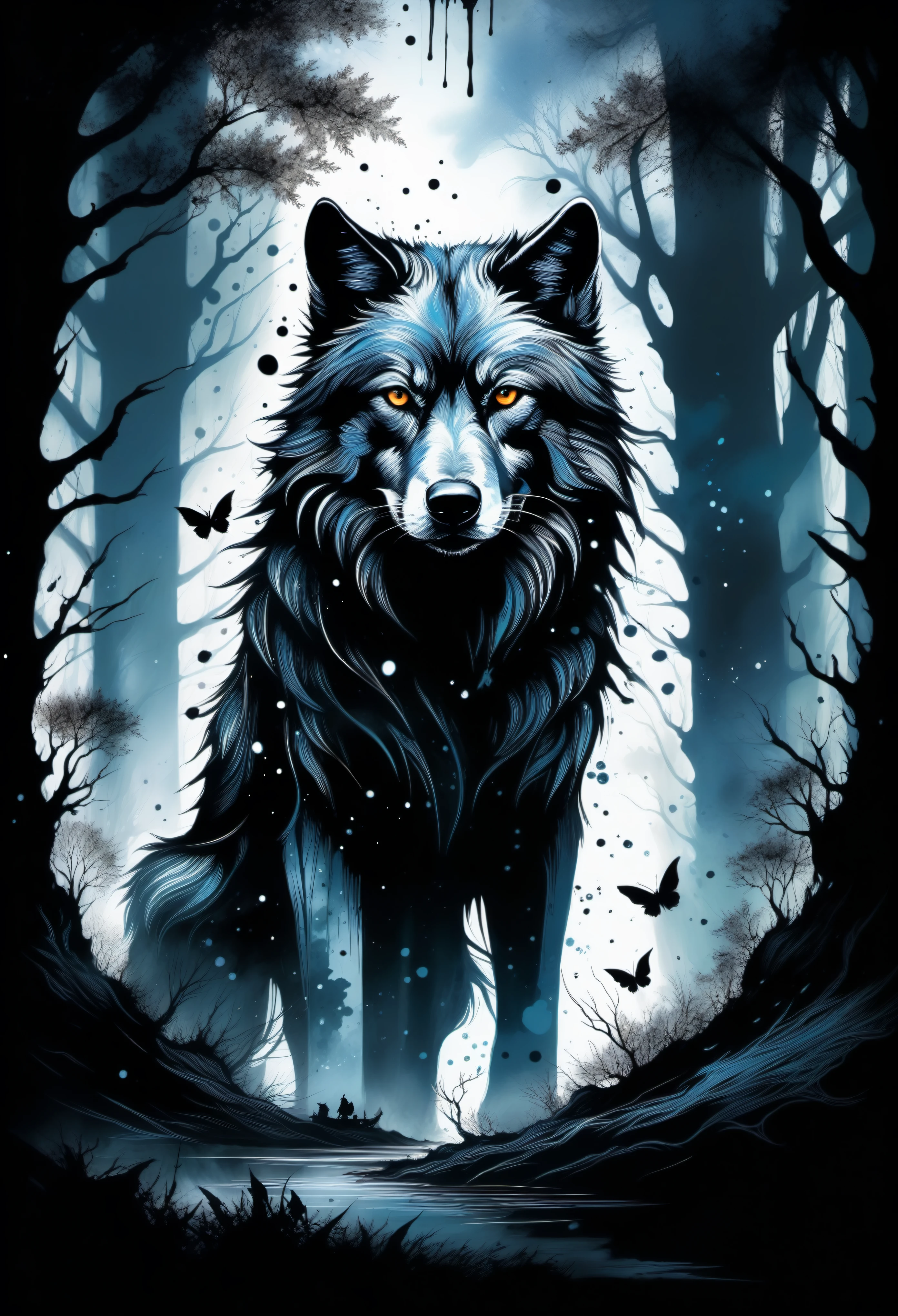 (((In dark fantasy ink splatter art:1.3))), Shabby wolf, Mesmerizingly beautiful scenery appears, Chaotic black strokes ink splatter, Intricate details blend into the world of the ethereal forest, Otherworldly creatures, insanely beautifu, Gongbi, Every stroke exudes a charming feeling, extraordinary creation, Whether it is ink painting or oil painting, Master stunning details, pure brilliance, Creepy atmosphere ink splatter coating,