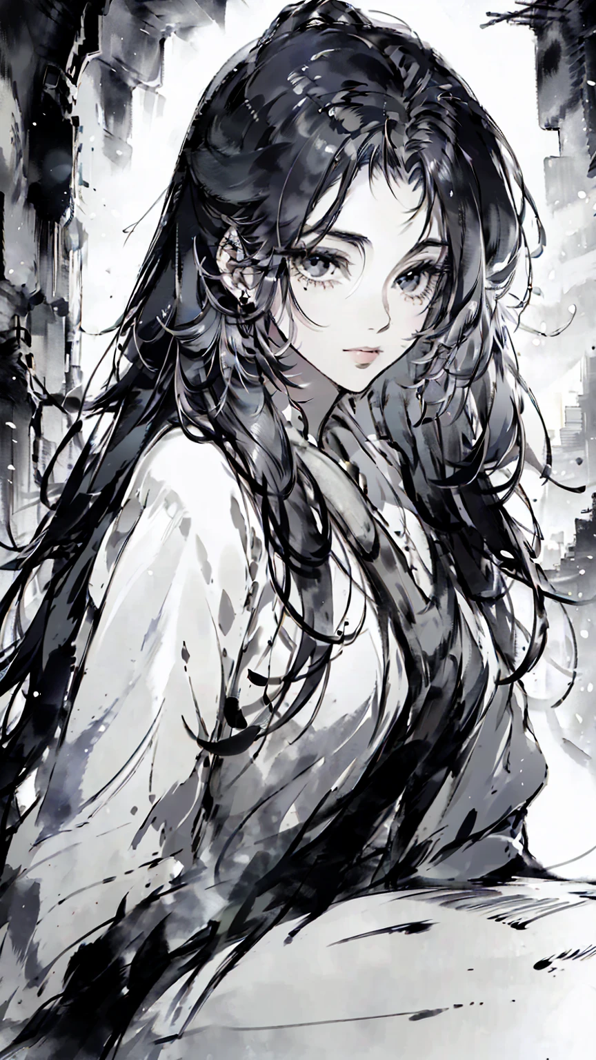 (best quality,4K,8K,high resolution,masterpiece:1.2),Very detailed, Beautiful and delicate eyes, Beautiful and delicate lips, Rich details on the eyes and face, Long eyelashes, 1 girl, Simplicity, ink, ink painting, portrait, Soft lighting, Subtle colors