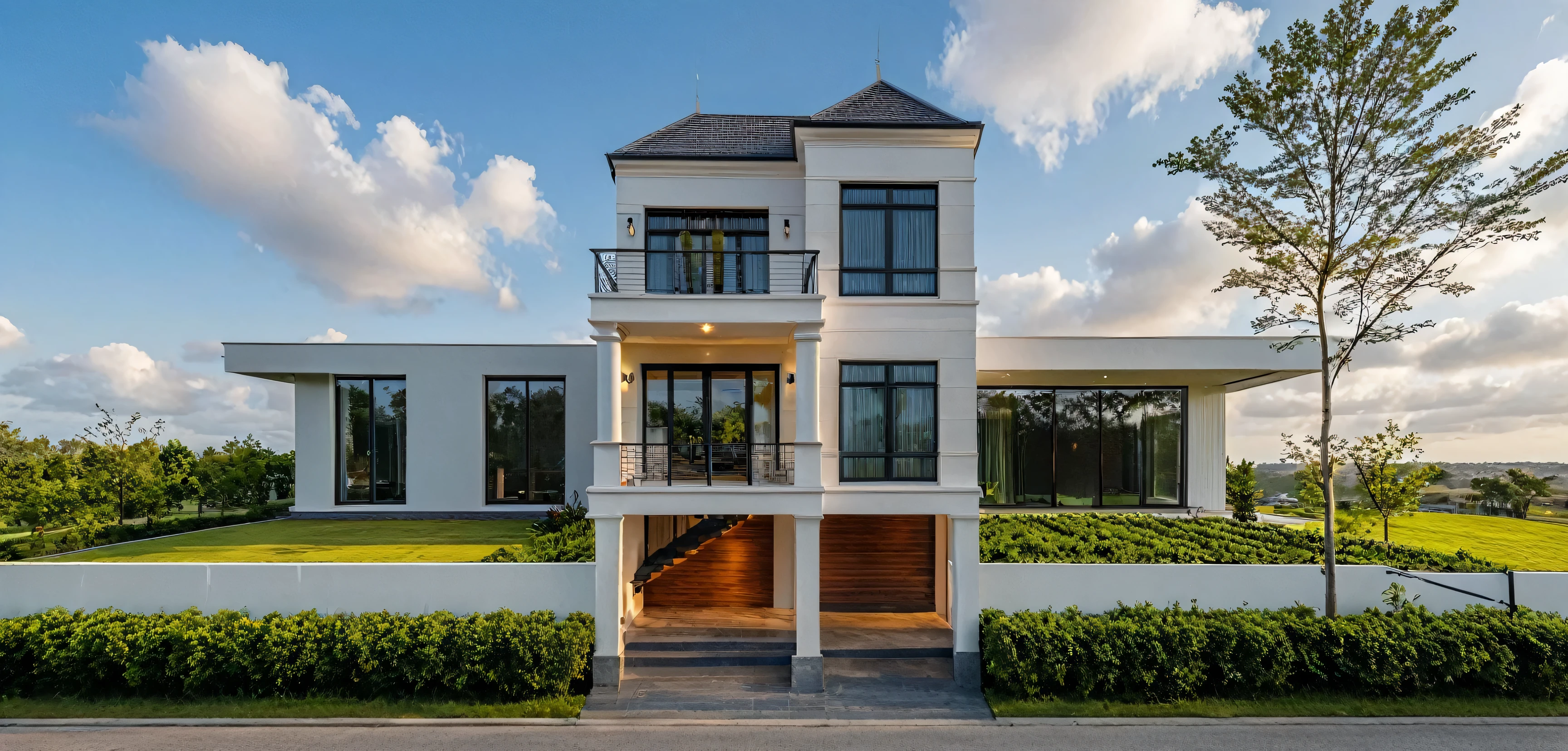 Masterpiece, high quality, best quality, authentic, super detail, outdoors, onestoreyvillaXL, aiaigroup, house style modern on the street ,stairs, white wall ,road,pavement, grass, trees, sky, cloud, (daylight:1.1)
