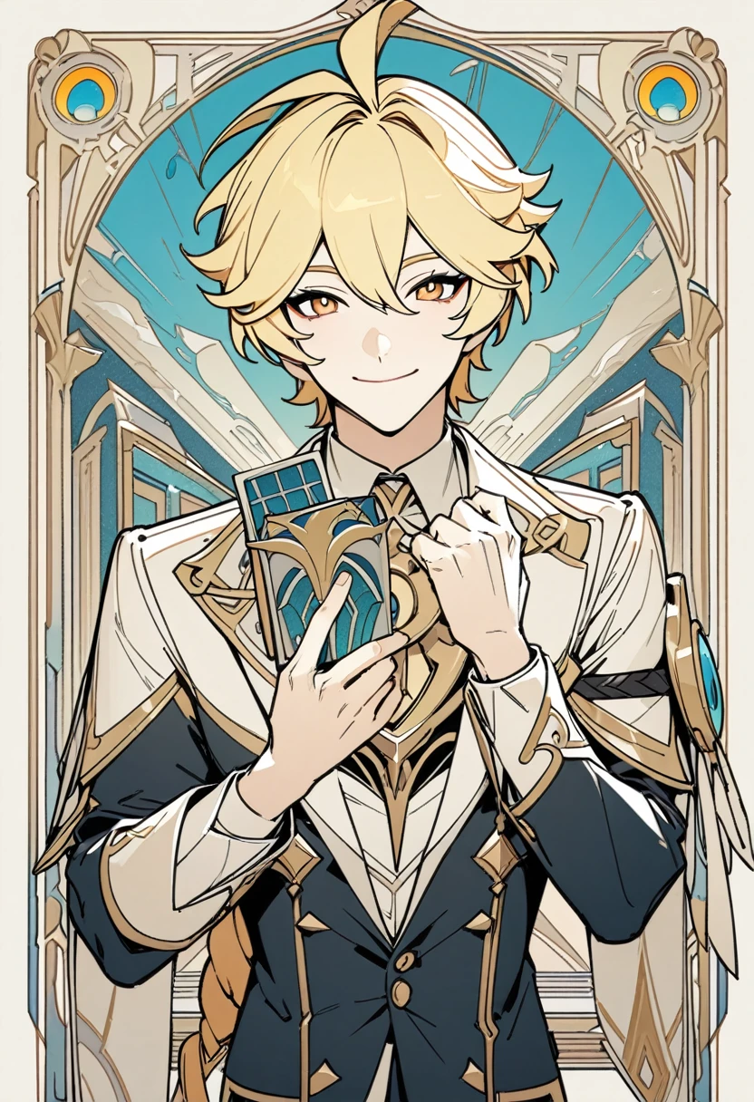 art deco, card, frames, vintage, art deco poster, high quality, male, aether, aether from genshin impact, traveller from genshin impact, suit, handsome face, blonde hair, smiling, masterpiece, detailed, line art, straight lines, clear art, stylish, super detailed, super fine, highres, 