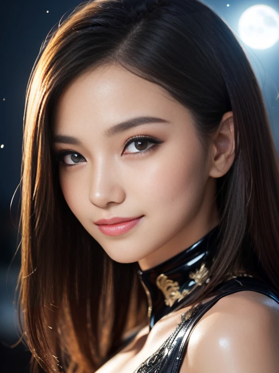 Latex bodysuit、Knee-high boots、Huge 、Long brown hair、Shiny, Oily skin、Glowing Skin、Indoor competition pool、White skin、 Body Portrait, 8k, Narrow and beautiful eyes, Dindal effect, masterpiece, 最high quality, high quality, High resolution, Very detailed photos, (Natural skin texture, Fine skin, Hyperrealism, Ultra Sharpness) , Skin with attention to detail, (Very fine, Fine skin texture, Intricate details, Beautiful Face, (A vivid face), Realistic eyes, Beautiful and detailed, Realistic Skin, Beautiful Skin, surreal, Very detailed, Golden Ratio, Smiling Eyes, ((Night moonlight background)), Body Portrait, glamorous, Shiny Bodysuit