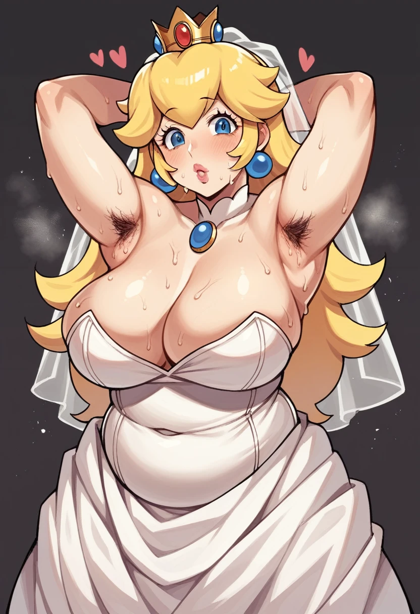 A full-body image of a person posing with their legs spread and showing their armpits, picture,  Topics on pixiv,Princess Peach,marioBrothers, Favorite scene, The finer details. skin,sweating, Big Breasts, Mature Woman,60 years old,,Hands raised, Underarm, Underarm visible, Sweat dripping, Sweat more, sweaty Underarm,Chubby,The photo shows the whole body, with very thick armpit hair., Wedding dress,shirobako, big)}] One girl 