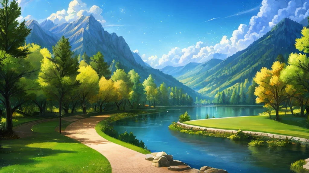 Masterpieces,official art,Painting of a park with a river and trees in the background
, light particles,(best quality),(masterpiece),(ultra detailed)