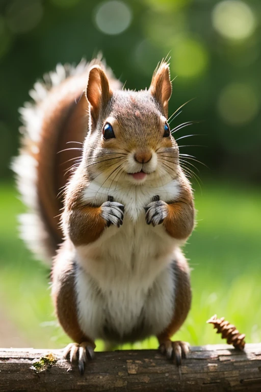 A little squirrel brings pine cones home,Happy expression,