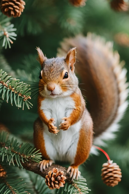 A little squirrel brings pine cones home，Happy expression,