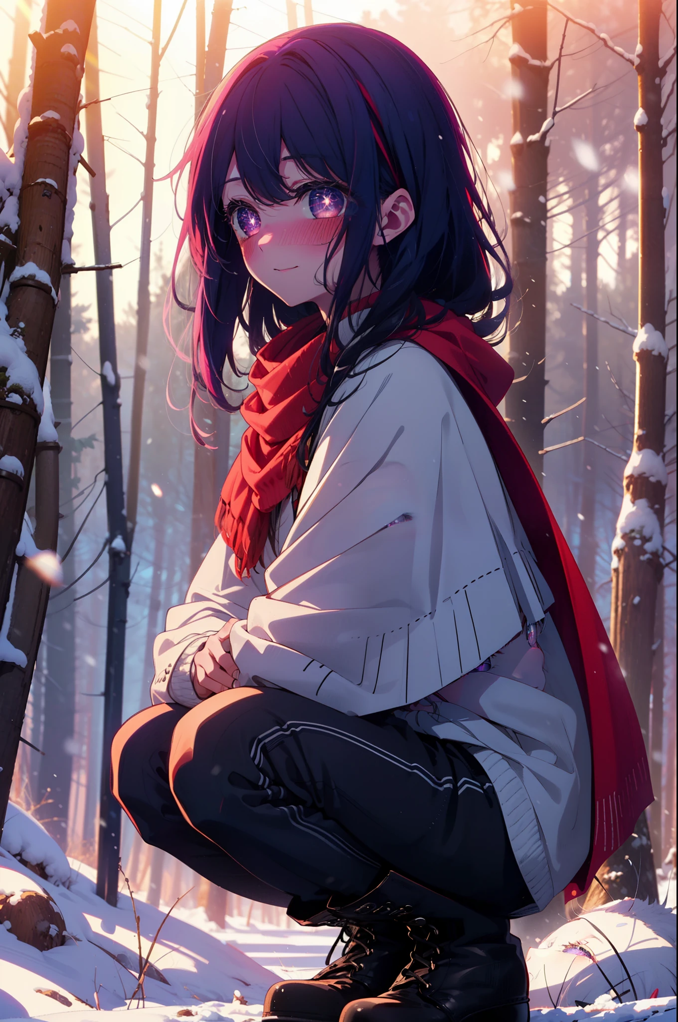 aihoshino, Ai Hoshino, Long Hair, bangs, (Purple eyes:1.1), Purple Hair, (Symbol-shaped pupil:1.5), smile,,smile,blush,white breath,
Open your mouth,snow,Ground bonfire, Outdoor, boots, snowing, From the side, wood, suitcase, Cape, Blurred, , forest, White handbag, nature, Squat, Mouth closed, Cape, winter, Written boundary depth, Black shoes, red Cape break looking at viewer, Upper Body, whole body, break Outdoor, forest, nature, break (masterpiece:1.2), Highest quality, High resolution, unity 8k wallpaper, (shape:0.8), (Beautiful and beautiful eyes:1.6), Highly detailed face, Perfect lighting, Extremely detailed CG, (Perfect hands, Perfect Anatomy),