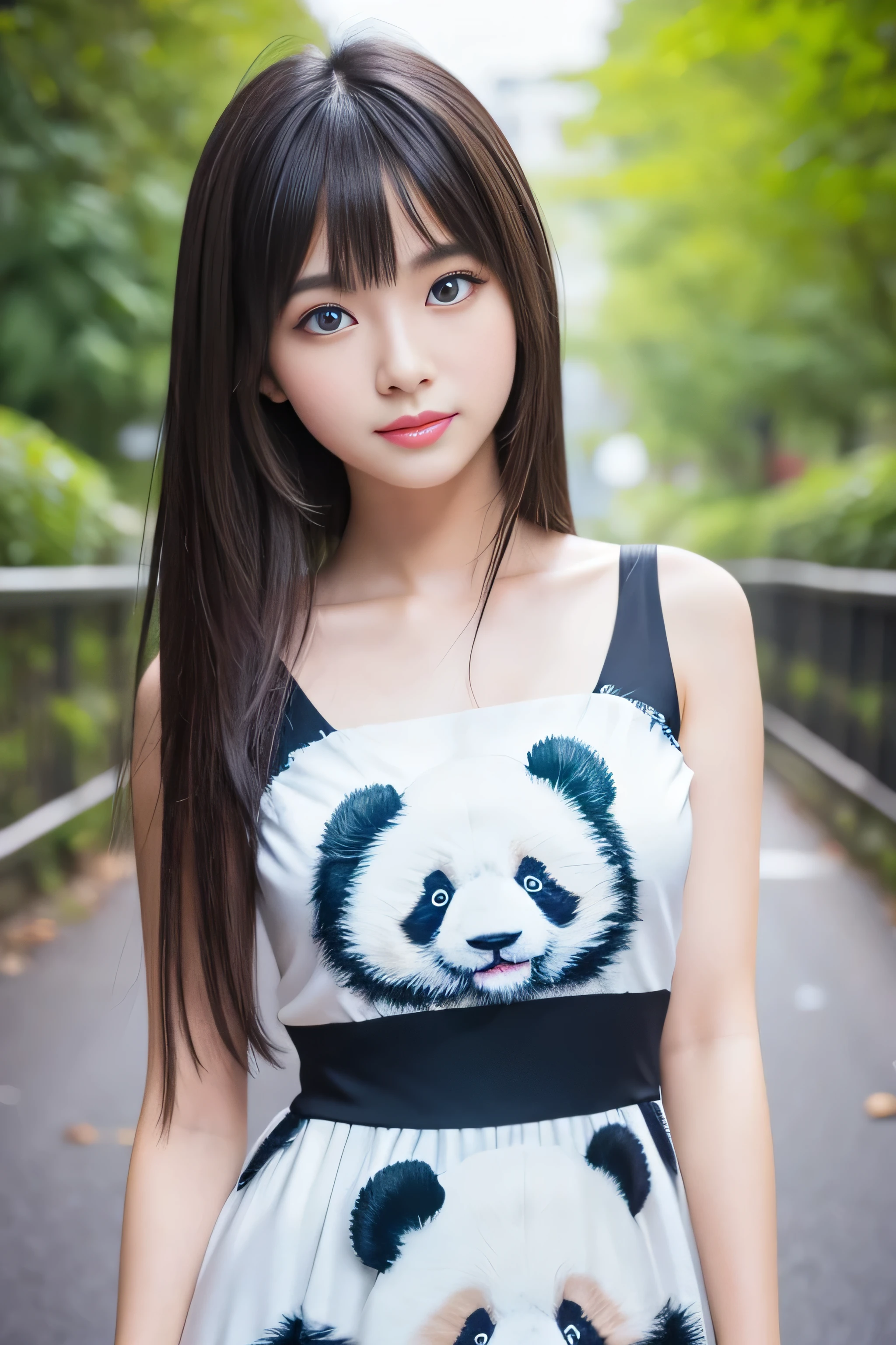 young japanese female model, 20 years old, short height, long brunette hair, bangs hairstyle, blue eyes, masterpiece, 8k resolution, highly detailed, wearing black and white panda dress,