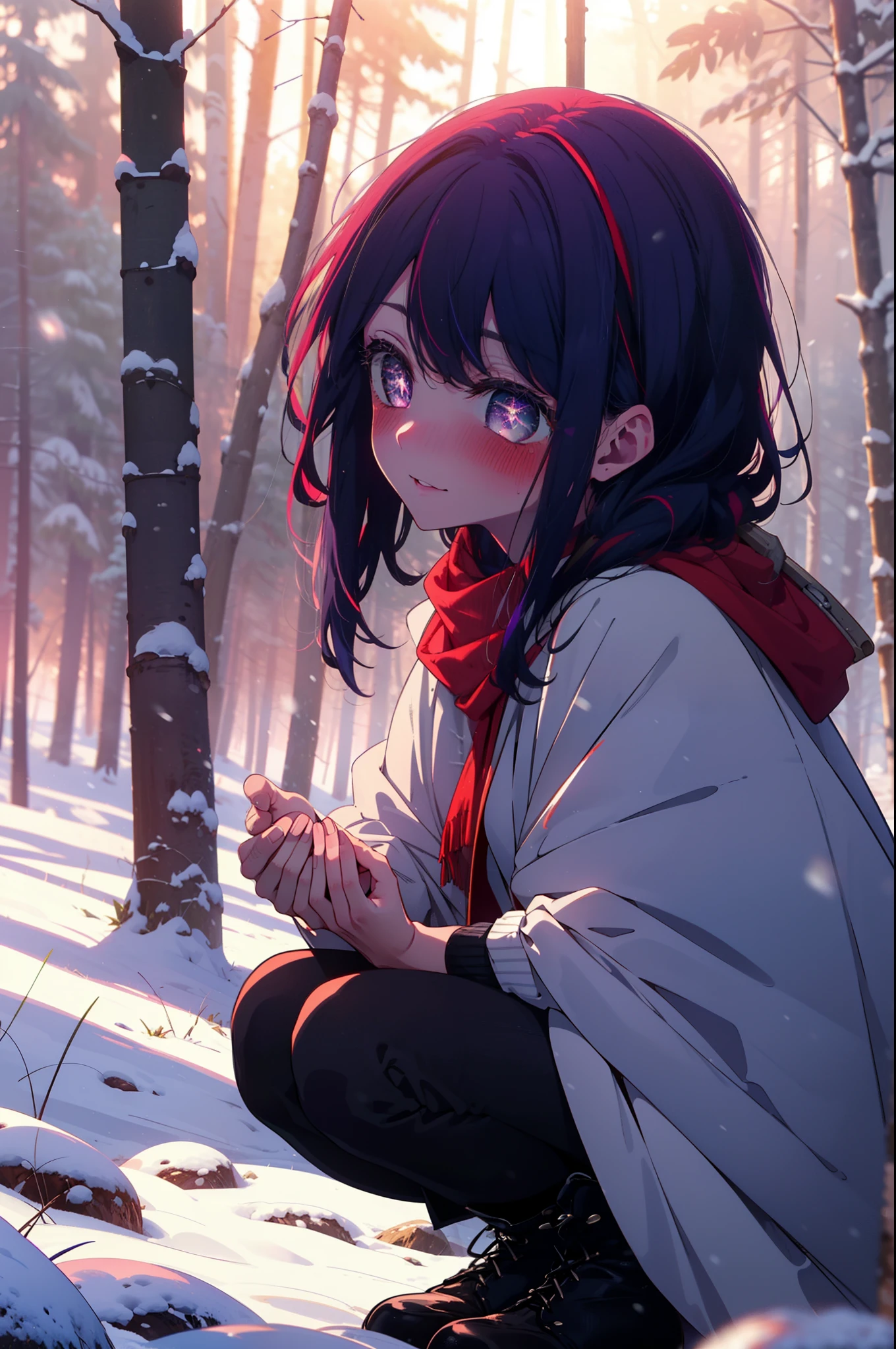 aihoshino, Ai Hoshino, Long Hair, bangs, (Purple eyes:1.1), Purple Hair, (Symbol-shaped pupil:1.5), smile,,smile,blush,white breath,
Open your mouth,snow,Ground bonfire, Outdoor, boots, snowing, From the side, wood, suitcase, Cape, Blurred, , forest, White handbag, nature,  Squat, Mouth closed, Cape, winter, Written boundary depth, Black shoes, red Cape break looking at viewer, Upper Body, whole body, break Outdoor, forest, nature, break (masterpiece:1.2), Highest quality, High resolution, unity 8k wallpaper, (shape:0.8), (Beautiful and beautiful eyes:1.6), Highly detailed face, Perfect lighting, Extremely detailed CG, (Perfect hands, Perfect Anatomy),