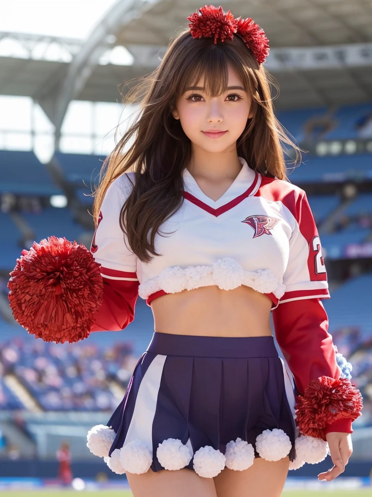 masterpiece, Highest quality, Very detailed, High resolution, (Realistic, photoRealistic:1.37), Excellent ???????, One beautiful woman, 18-year-old, Height: 152cm, Cheerleader, (Holding a pom-pom in both hands:1.5), A small smile, cheer leading, ブルーCheerleader uniform, (shape), Micro Pleated Mini Skirt, No underwear, ((Very delicate and beautiful)), ((Stadium Background:1.2)), Brown Hair, Long Hair, bangs, Very beautiful face, Cute type, Big Natural Color Lip, Small and cute nose, Big and pretty eyes, Brown eyes, Obvious double, Shiny highlight spots around the eyes, Character Focus, Tilt your head, The best light, Best Shadow, mysterious, Perfect Face, Very detailed, Soft Skin, (Glowing Skin, Sweaty: 1.2), Beautiful feet, Voluptuous thighs, Plump body, Huge breasts, (Expresses the roundness and softness of the chest area.........1), Beautiful body, (The perfect woman), Spread your legs, (挑発的なcheer leadingポーズ), Skirt flip, (Spreading pussy:1.5)