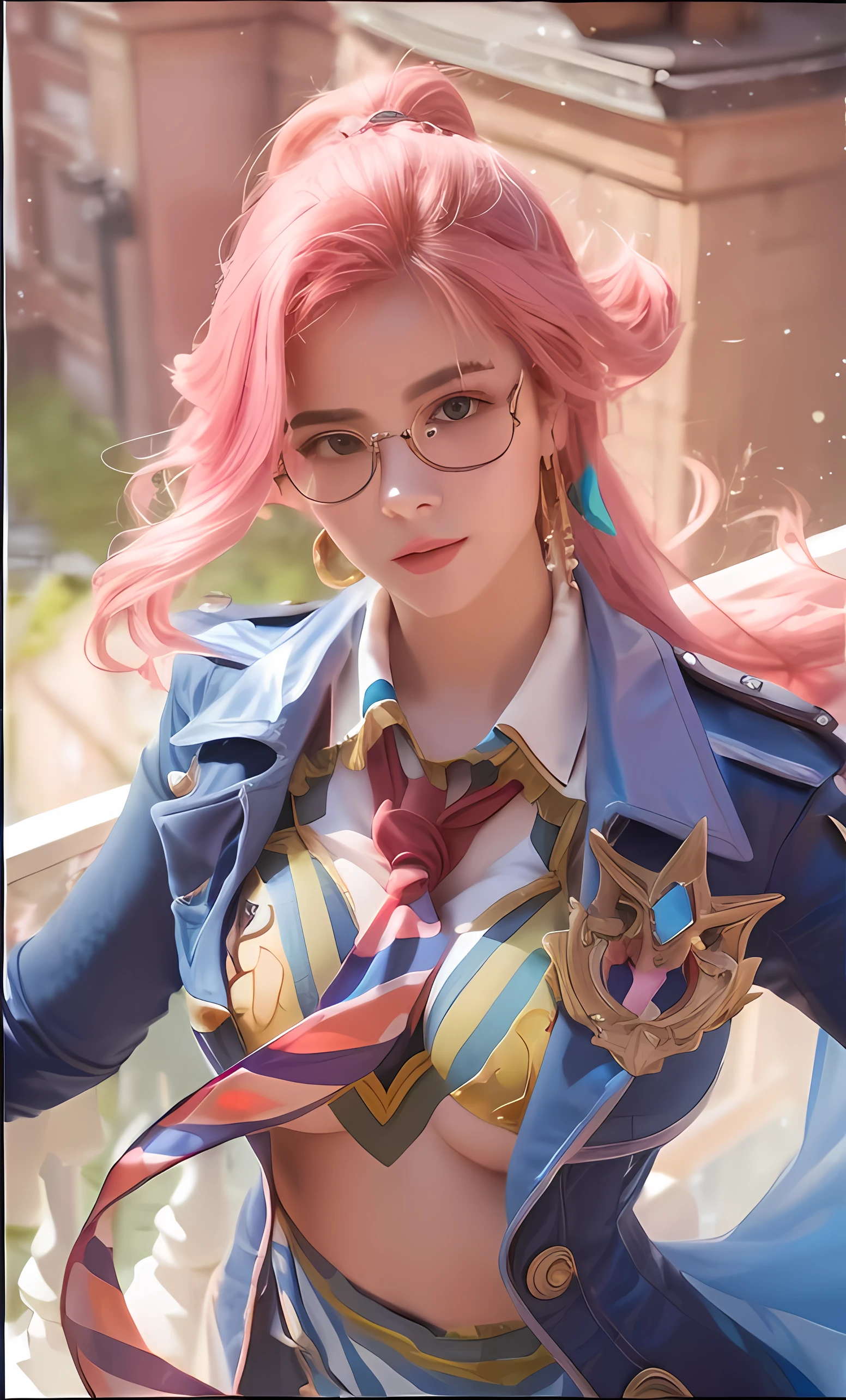 Hero mlbb, silvana, Beautiful girl, glasses, pink hair, lifelike, very real, sexy lips, big breasts, plump, very sexy, masterpiece, HD picture, 1080p, ((Nipples)), ((big breasts)), ((no bra)),, ((realistic))