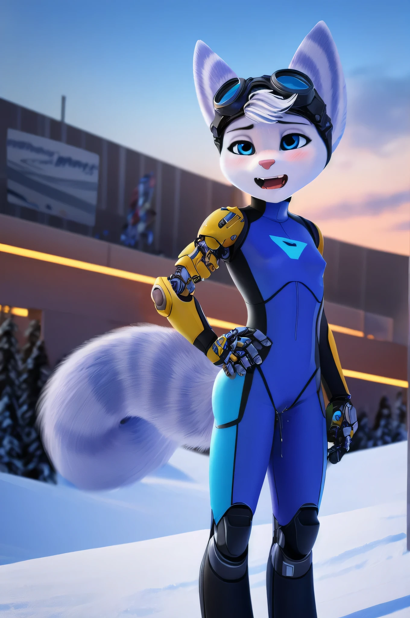 Rivet, tail, furry, 1girl, young, solo, (yellow cybernetic protease on the right shoulder), (thick, black and blue ski suit), standing at ski park, detailed body fur, detailed body, detailed eyes, detailed face, athletic, skinny, high quality, masterpiece, small breasts, goggles, :D, looking at you, full body, ((good lighting on crotch)), (aroused), (horny), (bedroom eyes), (vaginal juice), (orgasmin), (elastic waistband), (climaxing), (moaning in pleasure), blushing,